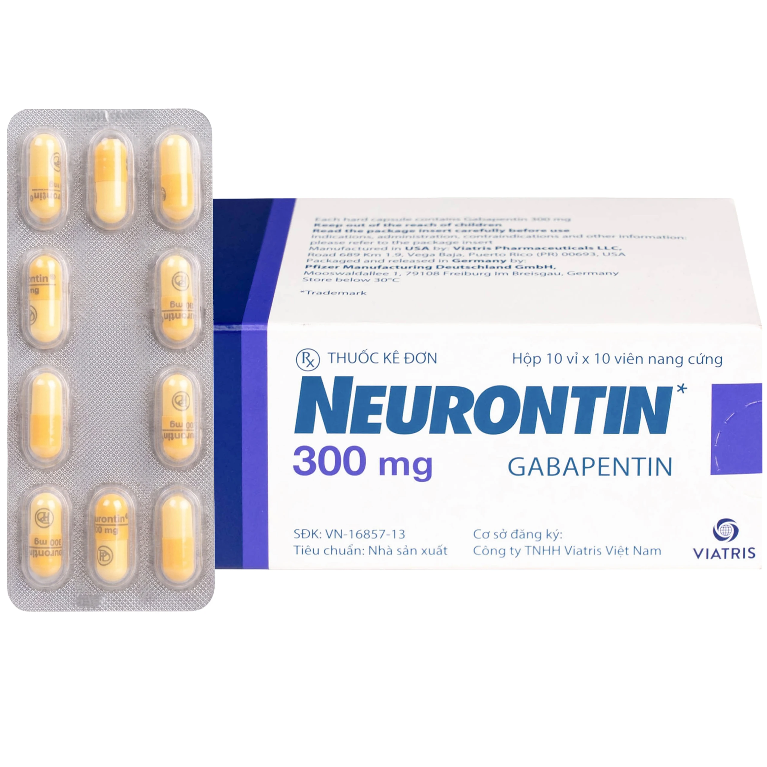 Viên nang cứng Neurontin 300mg VIATRIS điều trị hỗ trợ trong động kinh cục bộ (10 vỉ x 10 viên)