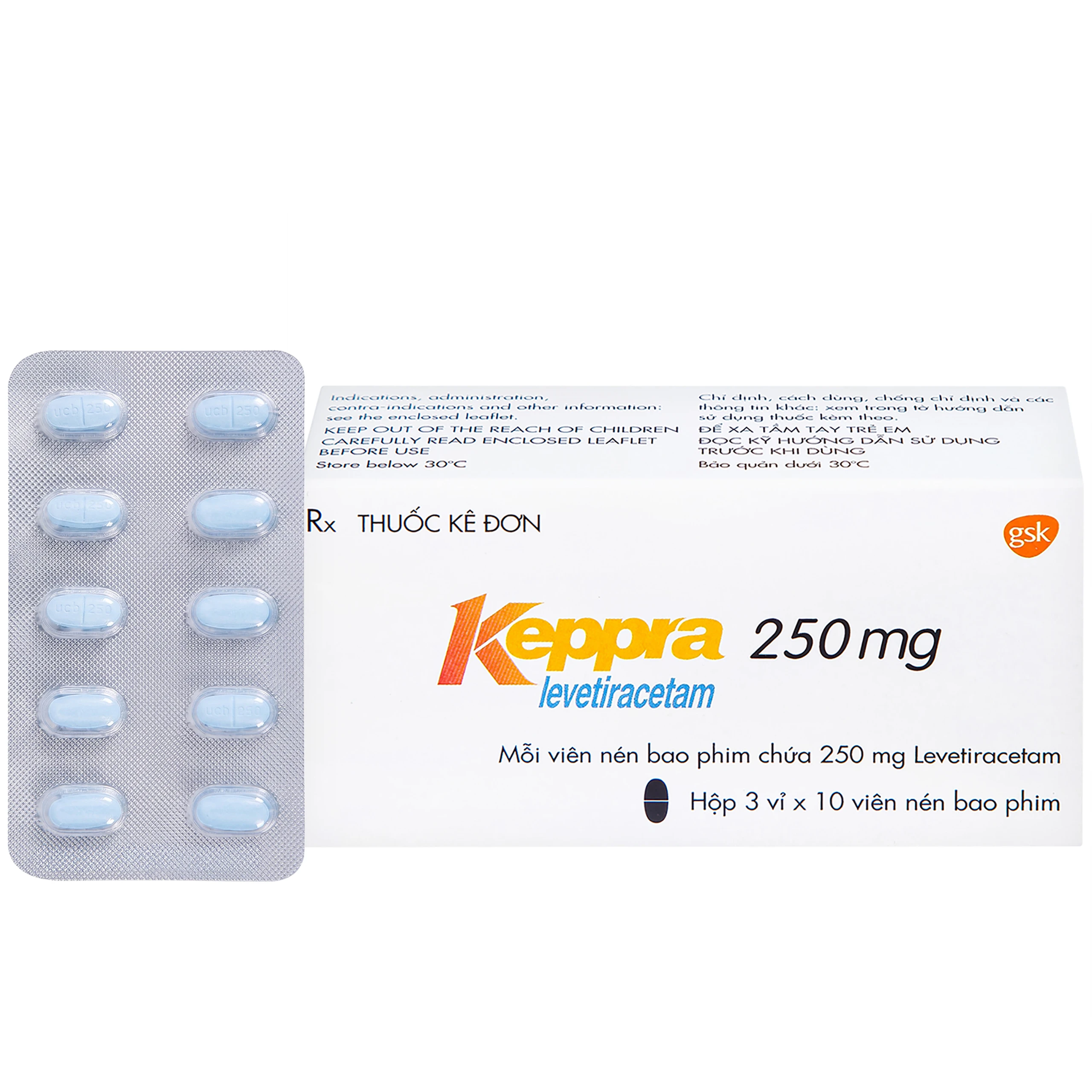 Viên nén Keppra 250mg GSK điều trị các cơn động kinh cục bộ (3 vỉ x 10 viên) 1