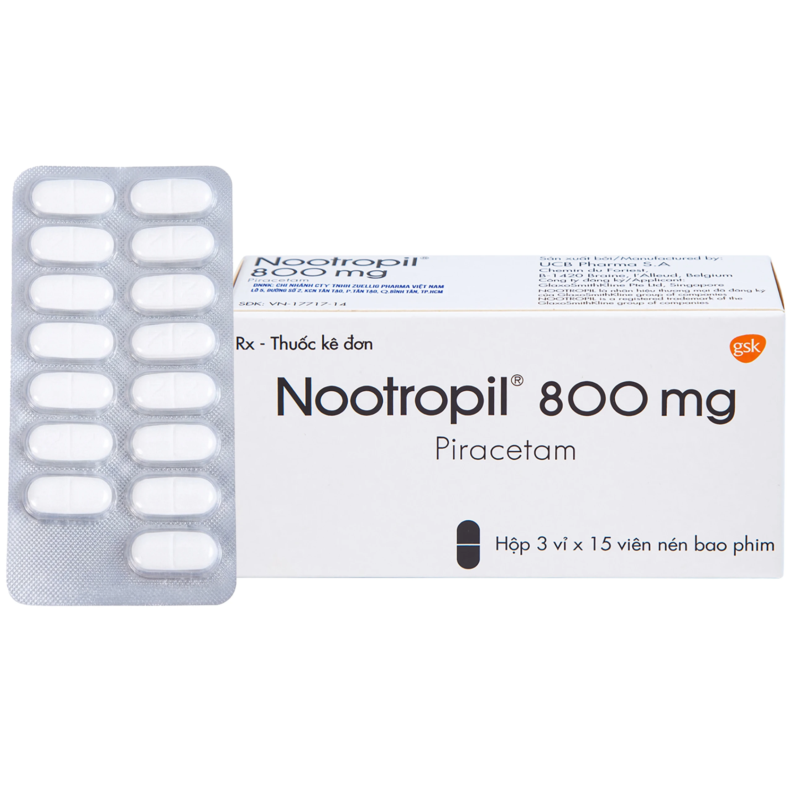 Viên nén Nootropil 800mg GSK điều trị hội chứng tâm thần (3 vỉ x 15 viên) 1