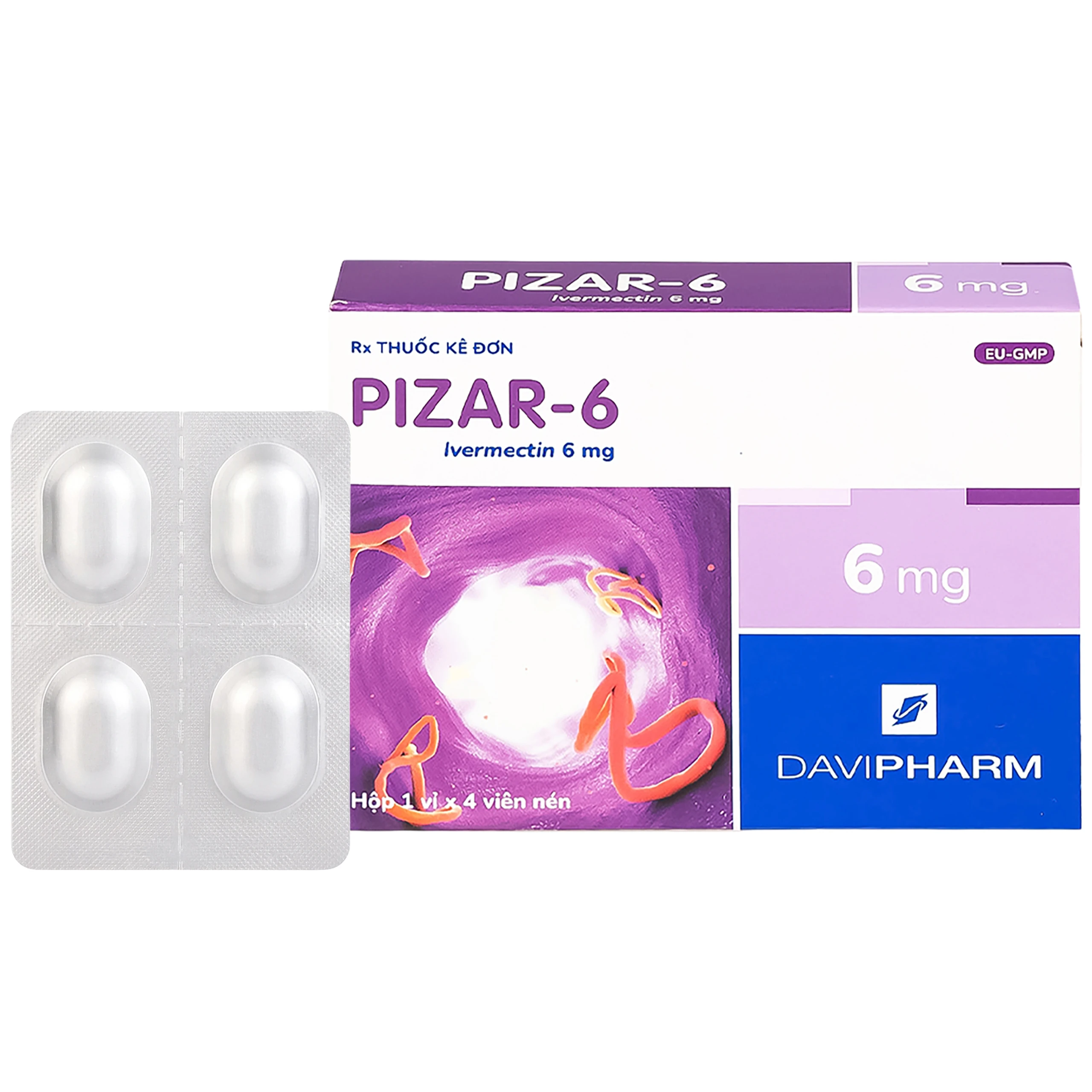 Viên nén Pizar-6 DaViPharm điều trị các bệnh nhiễm giun lươn, giun chỉ (1 vỉ x 4 viên)