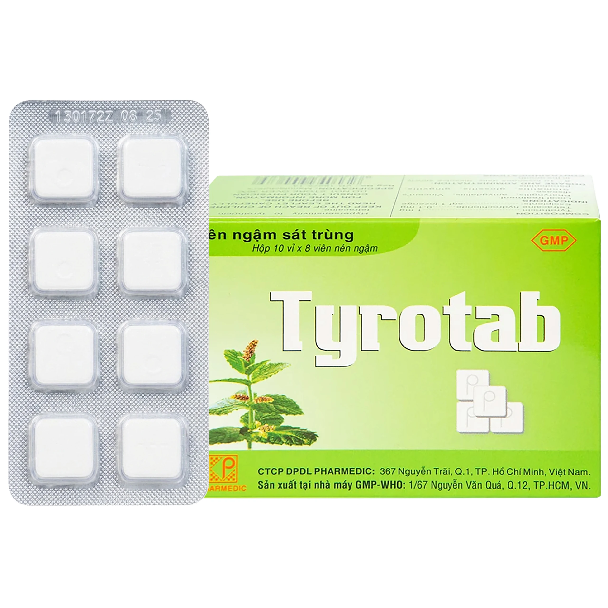 Viên ngậm sát trùng Tyrotab Pharmedic điều trị viêm họng, viêm amidan (10 vỉ x 8 viên)