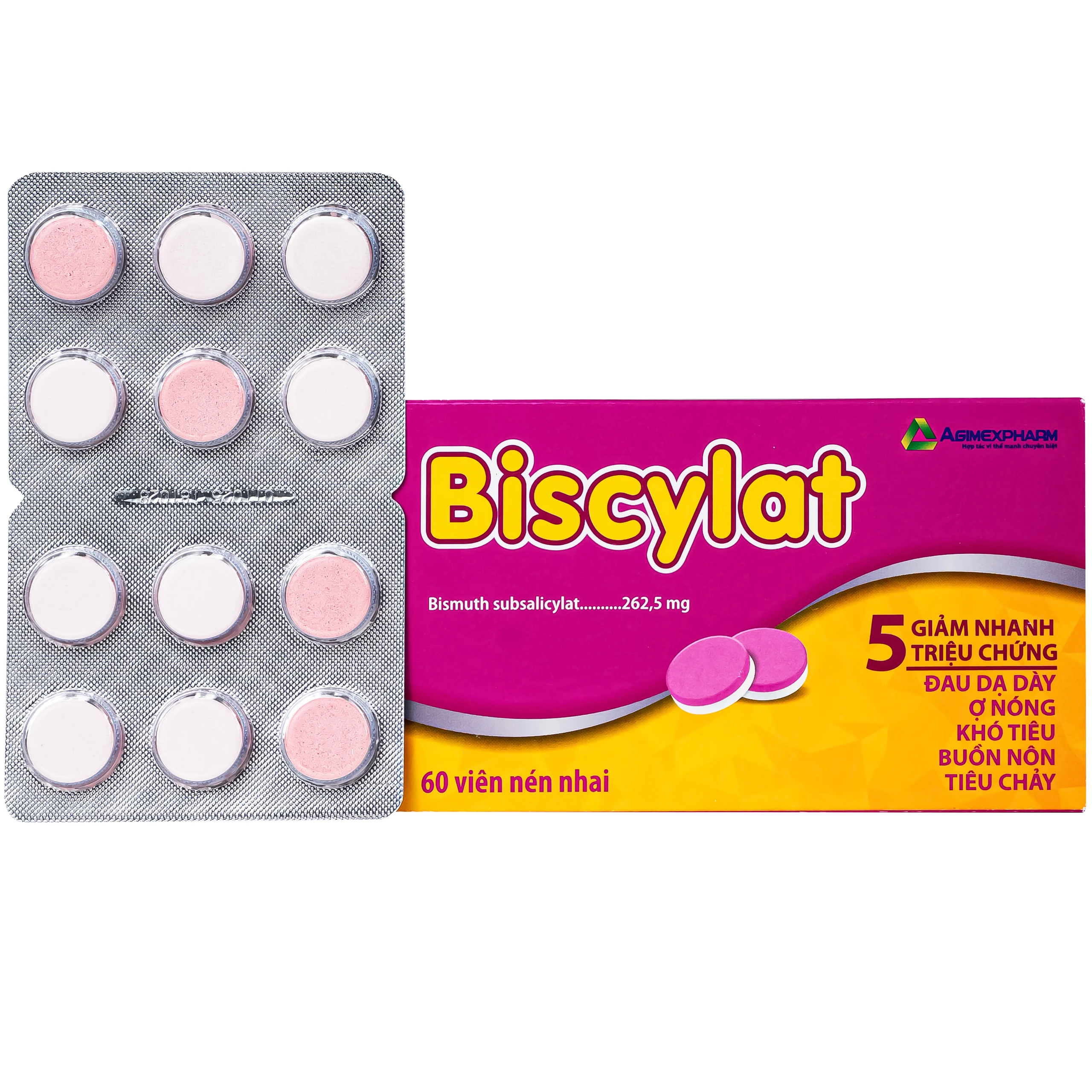 Viên nhai Biscylat 262.5mg Agimexpharm giảm triệu chứng ợ nóng, đau dạ dày, điều trị tiêu chảy (5 vỉ x 12 viên) 1