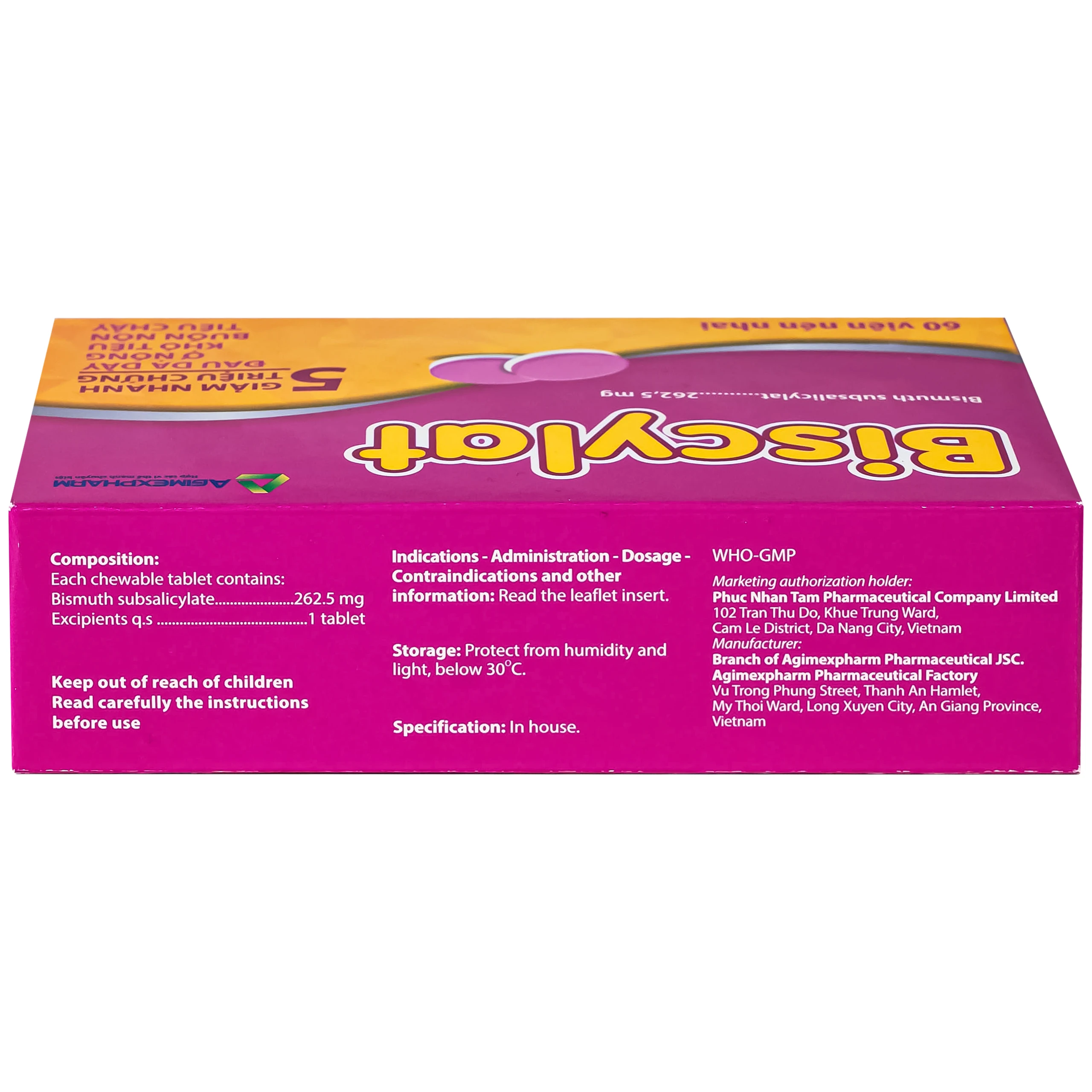 Viên nhai Biscylat 262.5mg Agimexpharm giảm triệu chứng ợ nóng, đau dạ dày, điều trị tiêu chảy (5 vỉ x 12 viên) 4