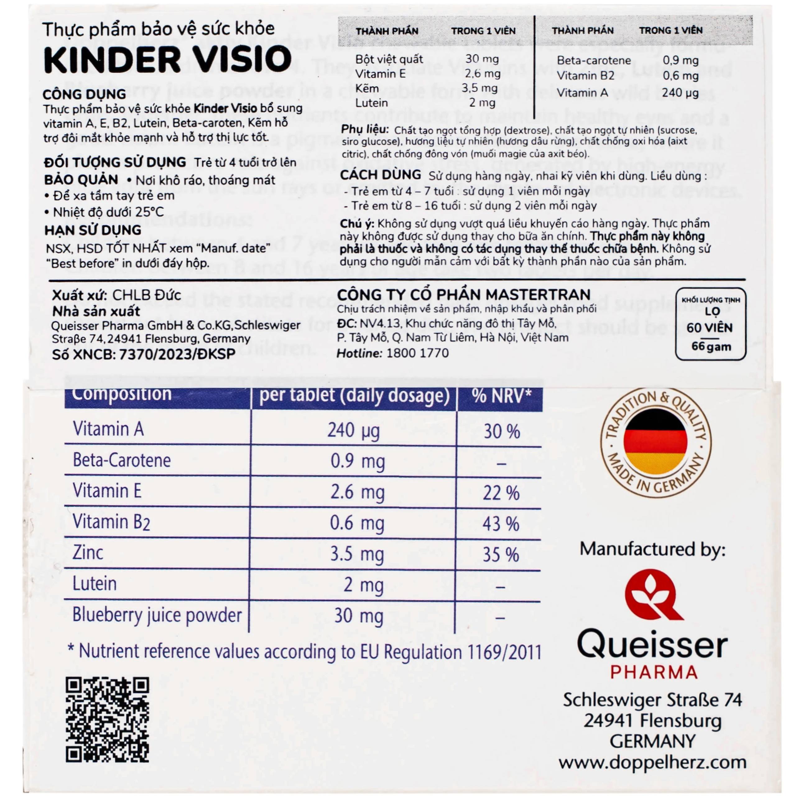 Viên nhai giúp mắt khỏe mạnh và tăng cường thị lực cho bé Doppelherz Aktiv Kinder Visio 60v
