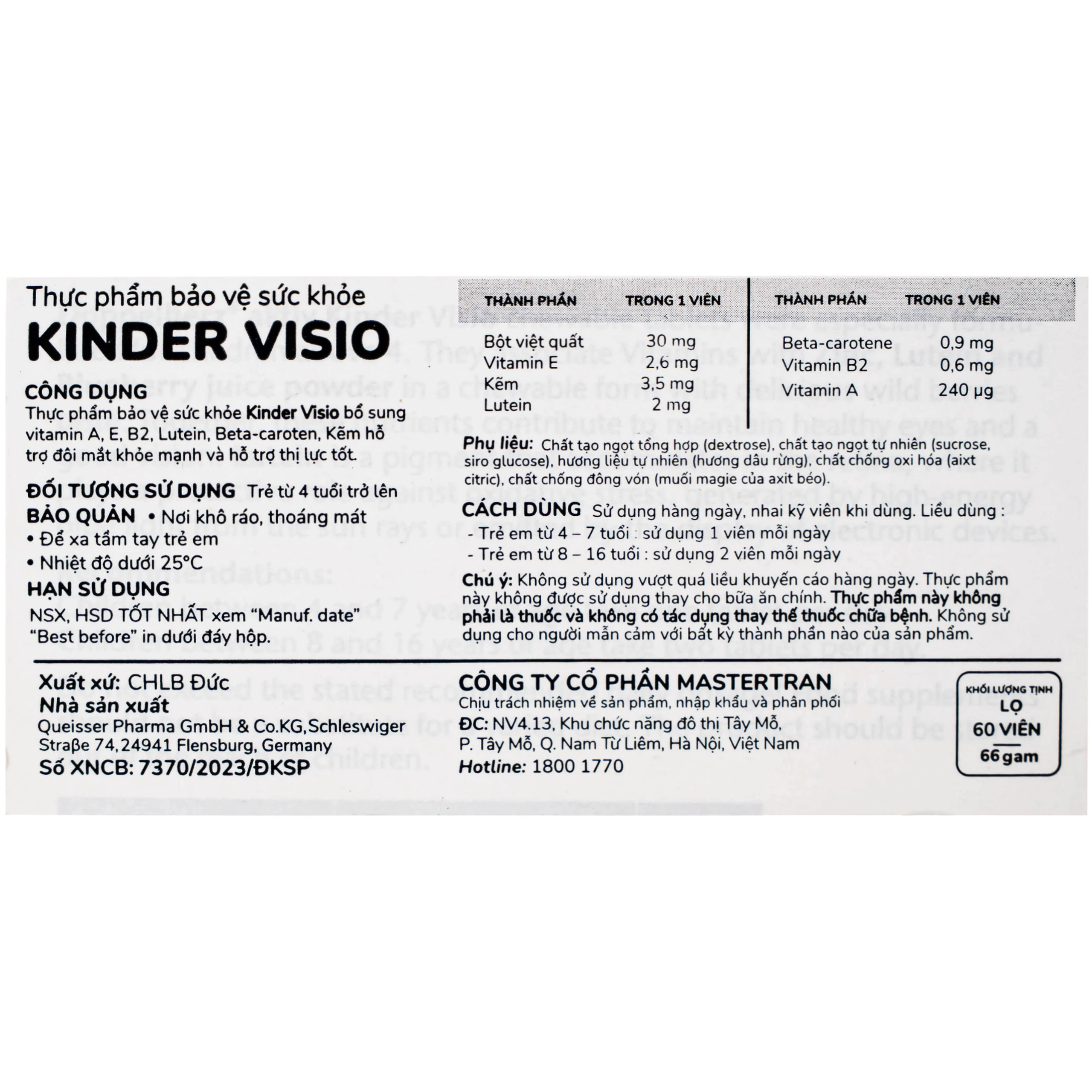 Viên nhai giúp mắt khỏe mạnh và tăng cường thị lực cho bé Doppelherz Aktiv Kinder Visio 60v