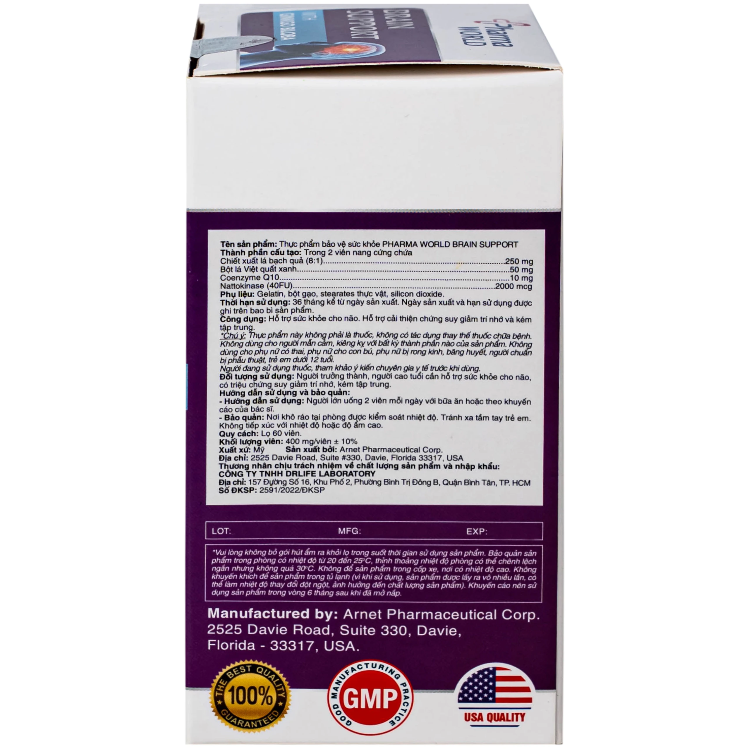 Viên uống bổ não, hỗ trợ cải thiện suy giảm trí nhớ Brain Support Pharma World (60 viên)