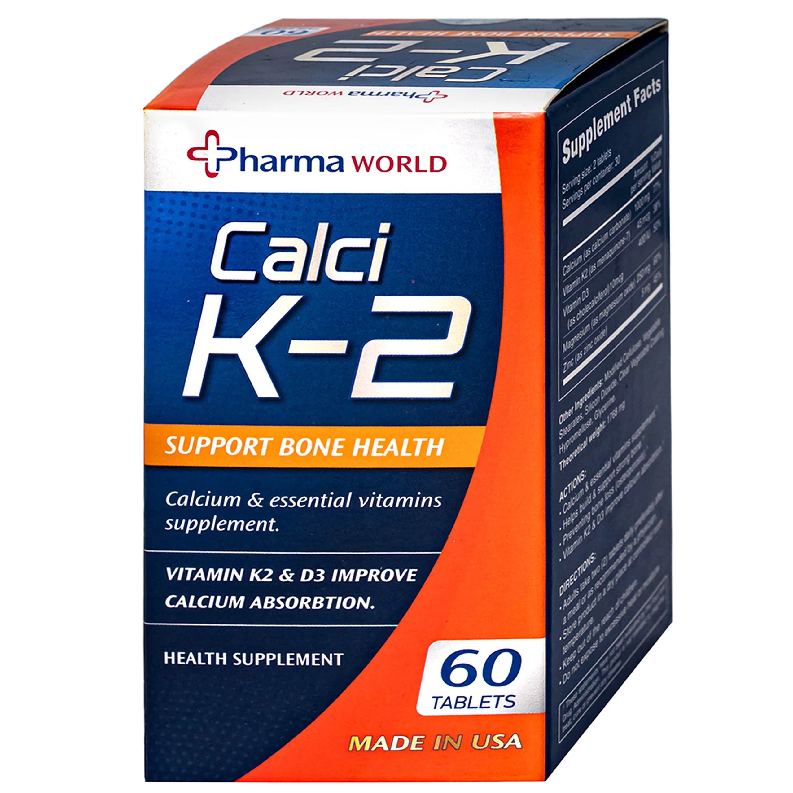 Viên uống bổ sung canxi, hỗ trợ giảm nguy cơ loãng xương Calci K-2 Pharma World (60 viên)