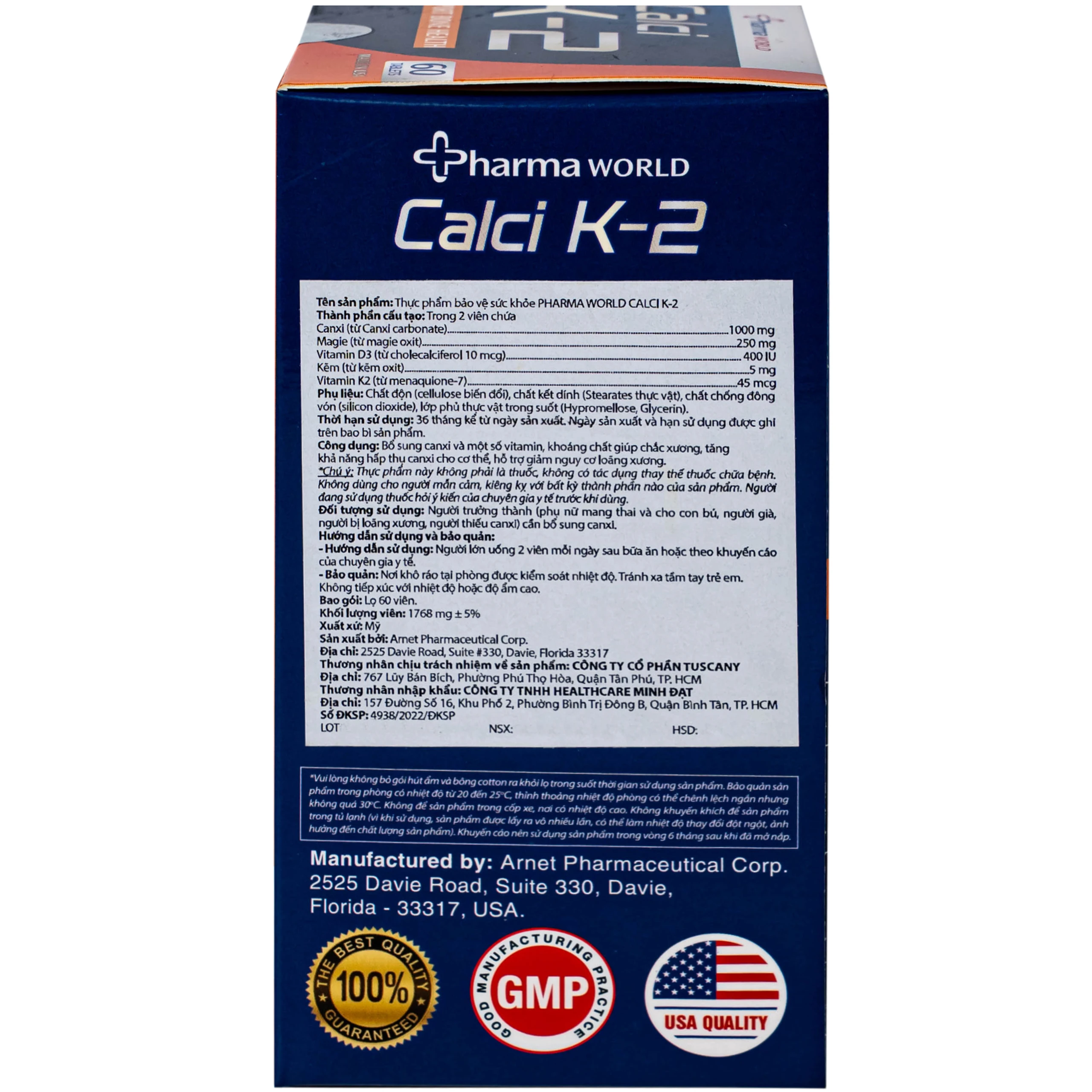 Viên uống bổ sung canxi, hỗ trợ giảm nguy cơ loãng xương Calci K-2 Pharma World (60 viên)