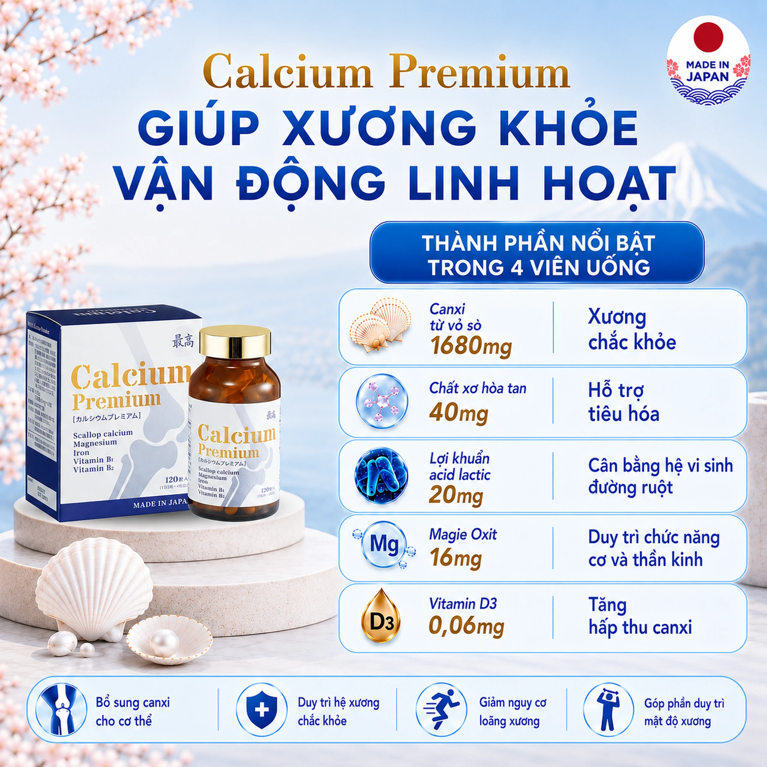 Viên bổ sung canxi, khoáng chất giảm nguy cơ loãng xương Calcium Premium JpanWell (120 viên) 5