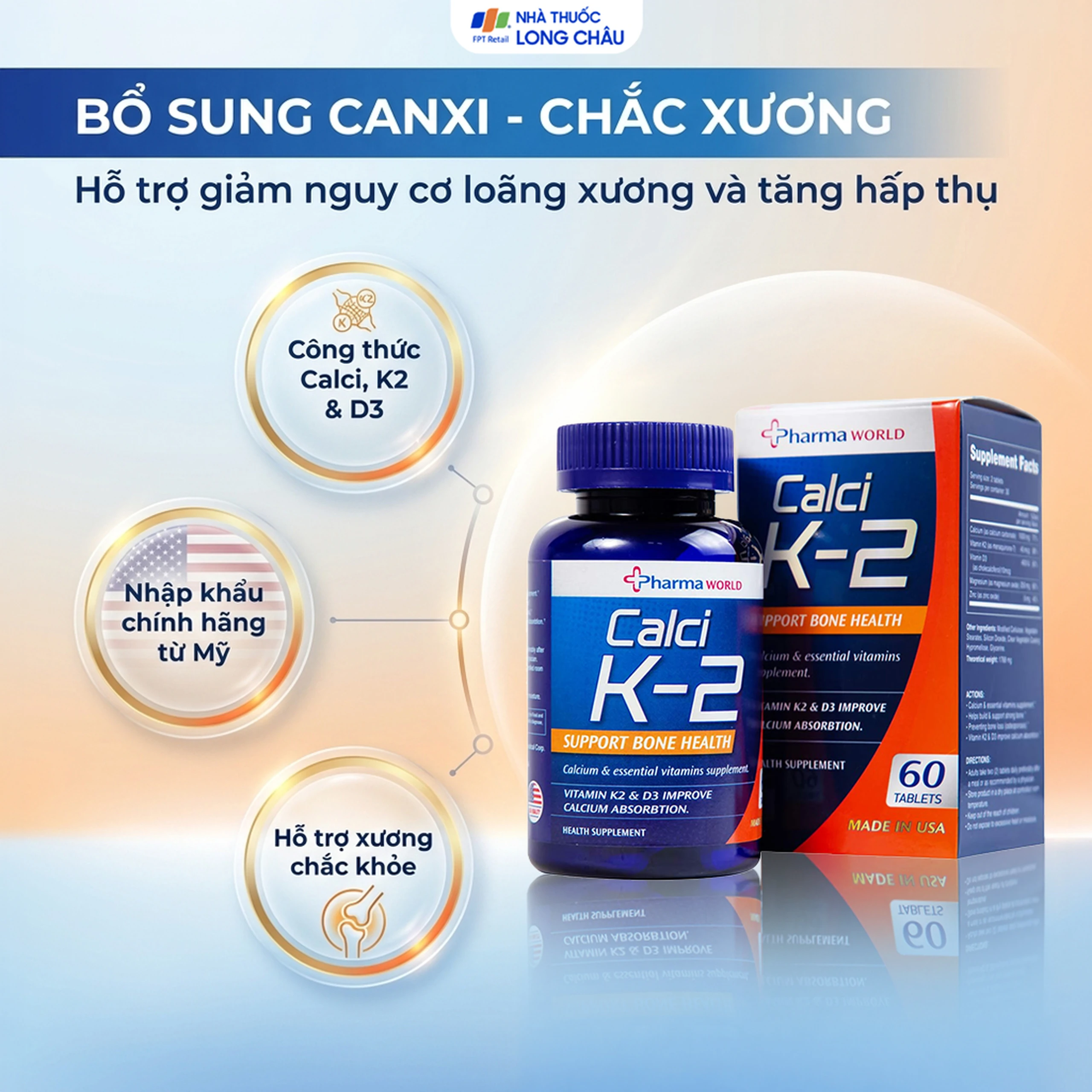 Viên uống bổ sung canxi, hỗ trợ giảm nguy cơ loãng xương Calci K-2 Pharma World (60 viên) 2