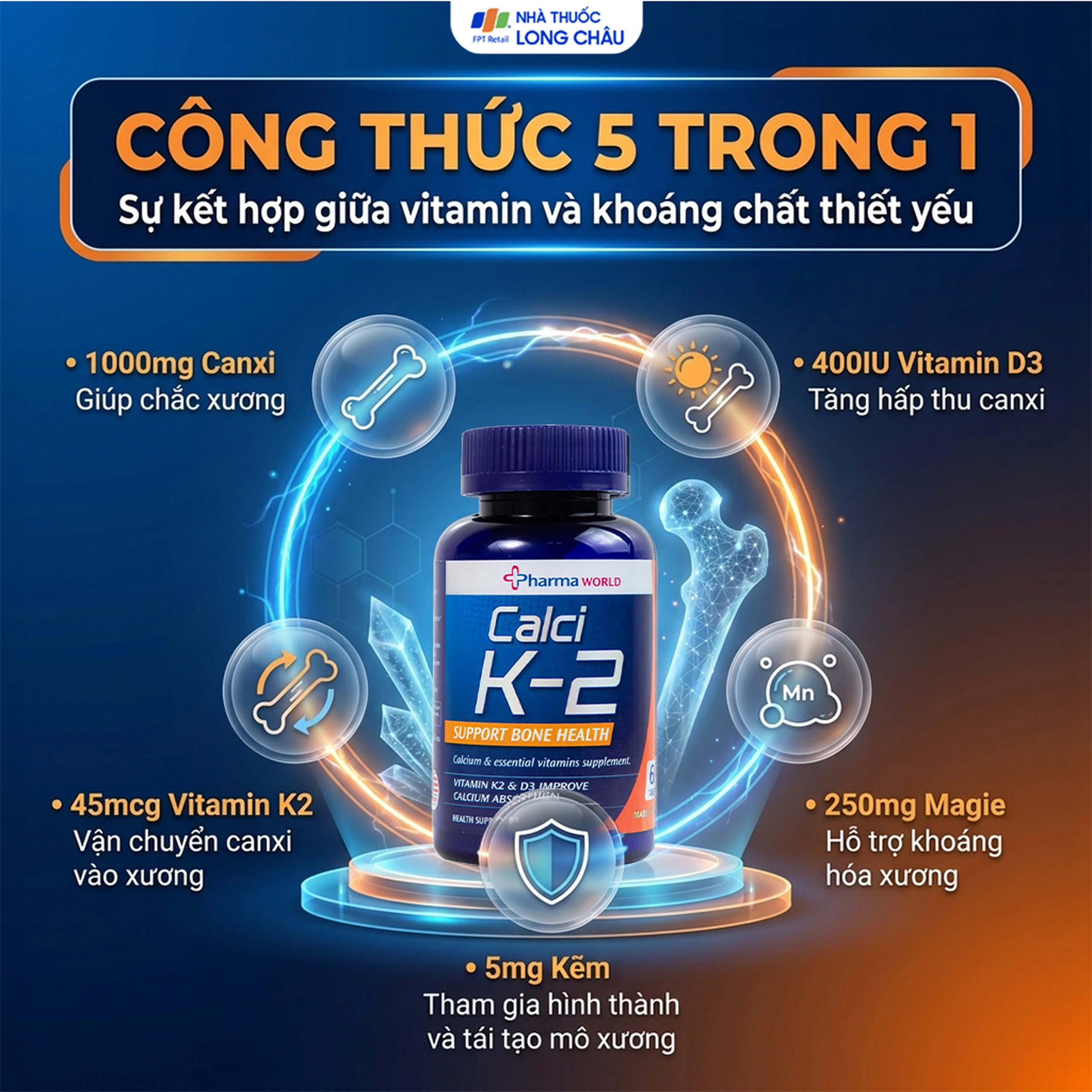 Viên uống bổ sung canxi, hỗ trợ giảm nguy cơ loãng xương Calci K-2 Pharma World (60 viên) 3