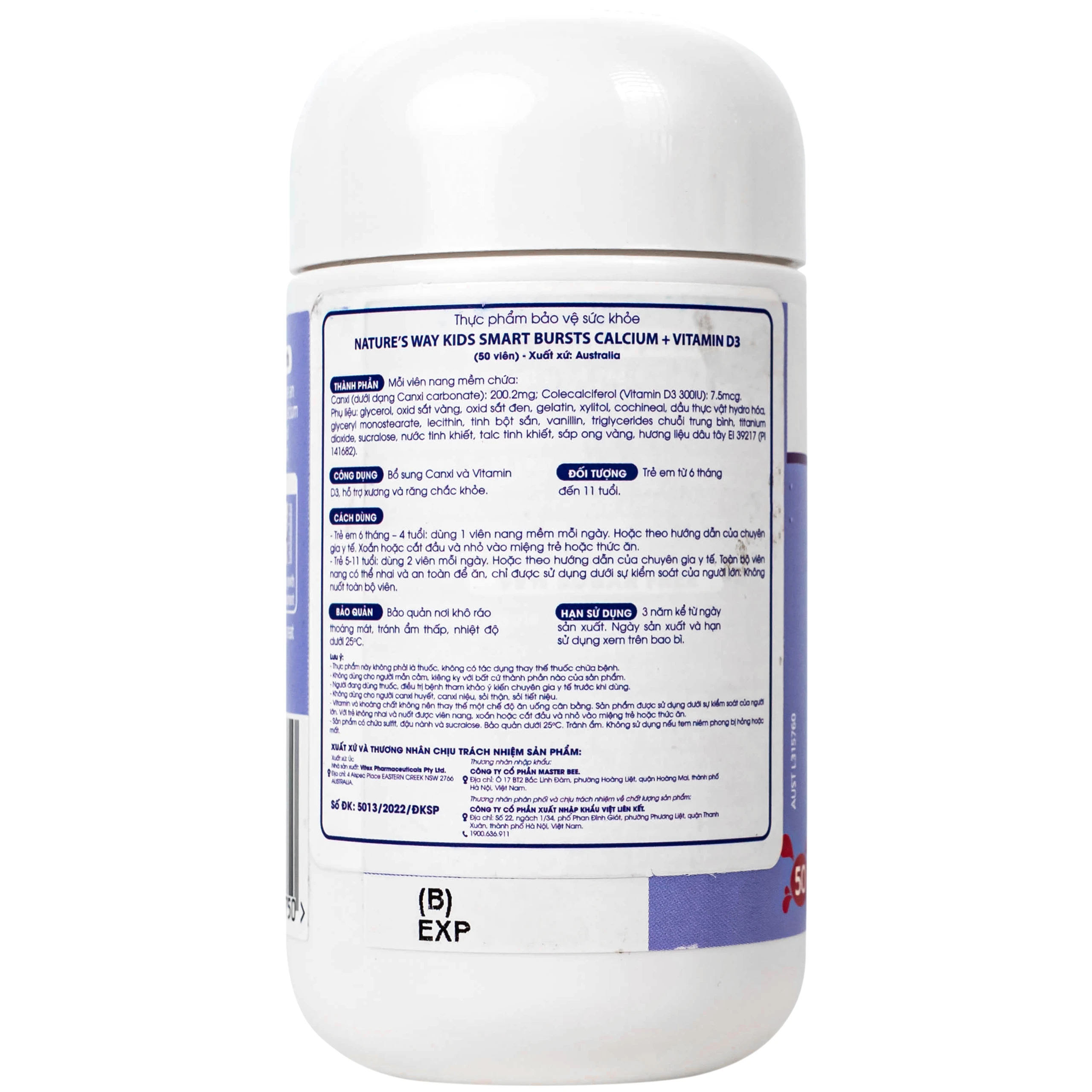 Viên uống bổ sung canxi và vitamin D3 giúp xương và răng chắc khỏe Nature's Way Kids Smart Bursts Calcium + Vitamin D3 (Hộp 50 viên)