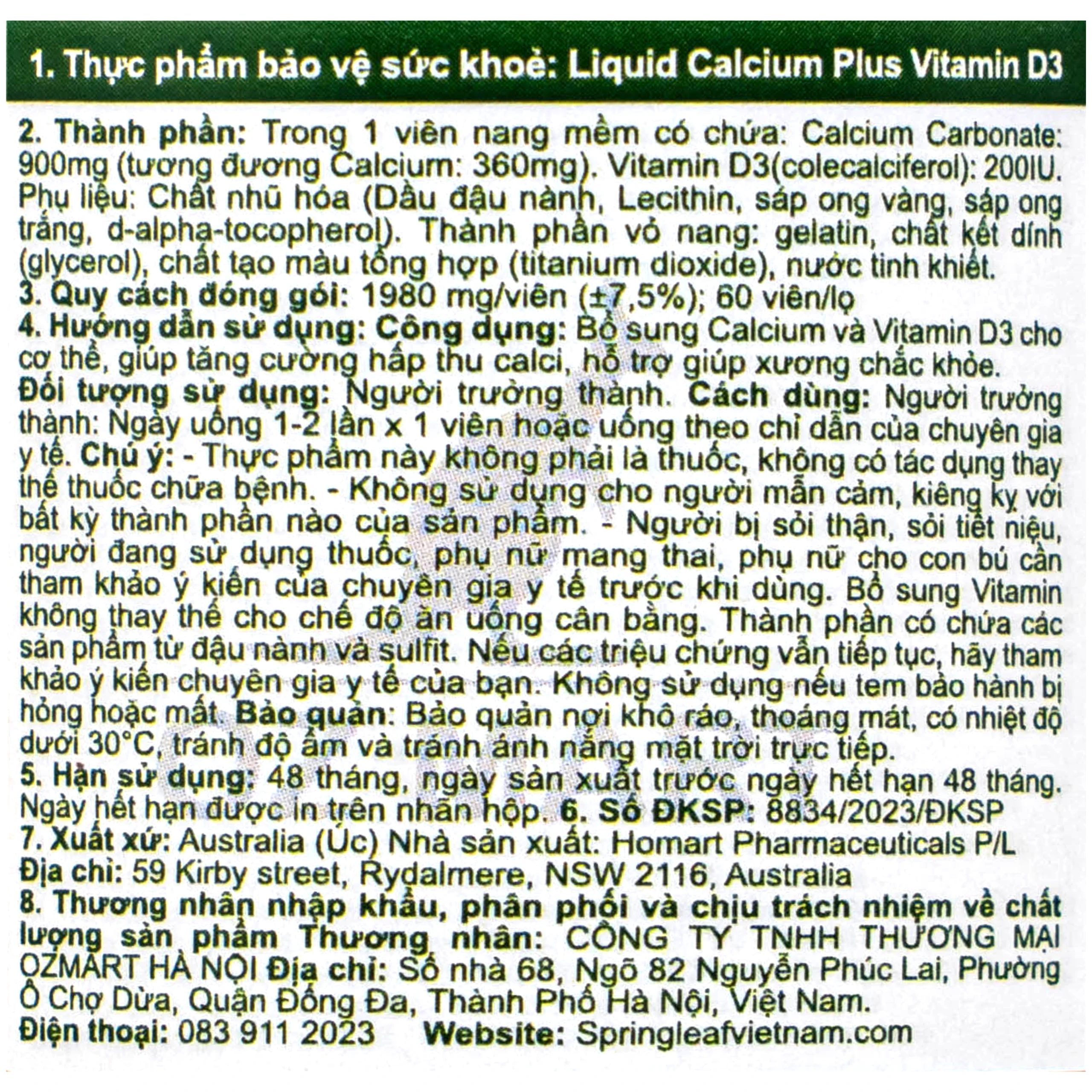 Viên uống bổ sung Canxi và Vitamin D3 giúp tăng cường hấp thu canxi, giúp xương chắc khoẻ Spring Leaf Liquid Calcium Plus Vitamin D3 (Lọ 60 viên) 5