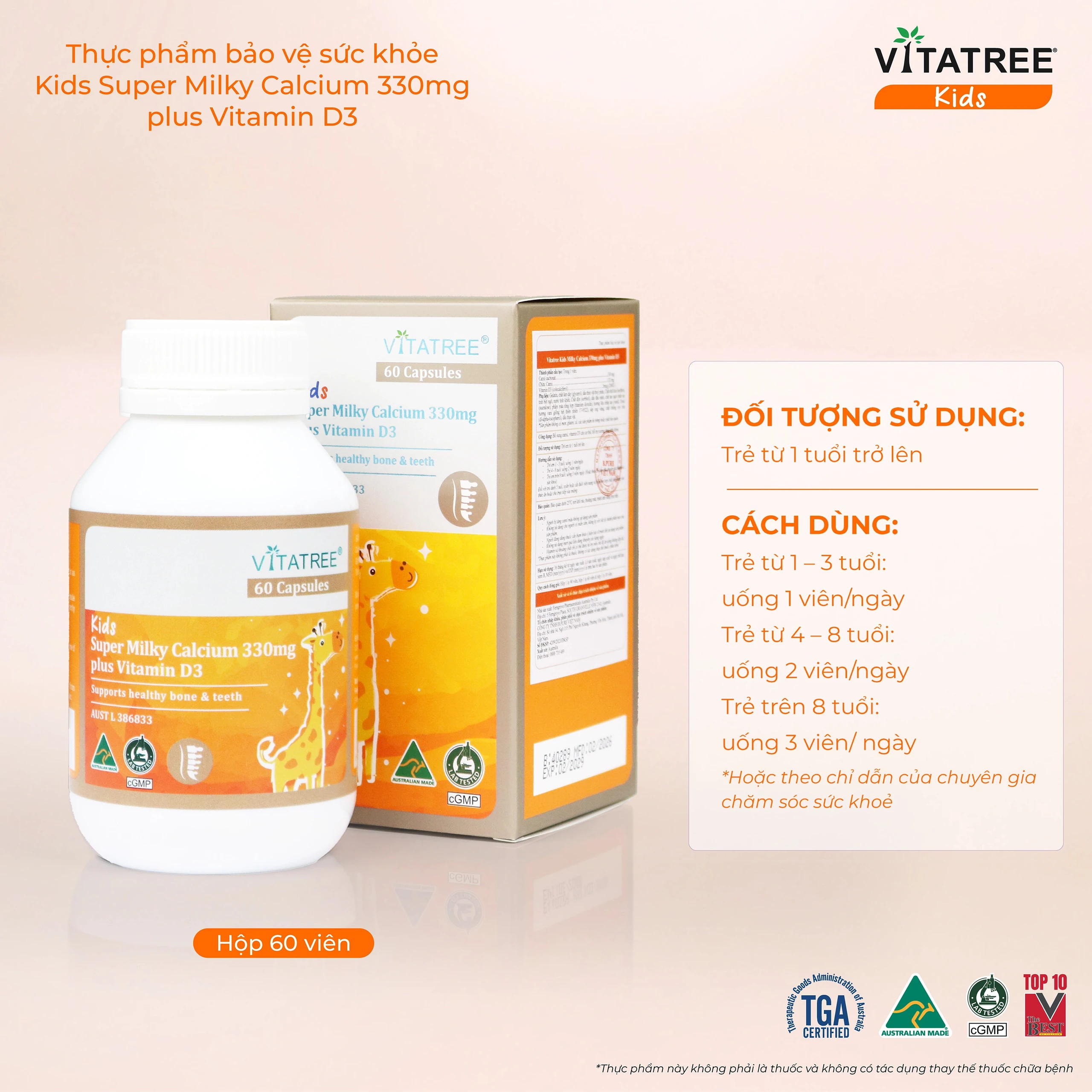 Viên uống bổ sung canxi, Vitamin D3, giúp xương răng chắc khoẻ Vitatree Kids Super Milky Calcium 330mg plus Vitamin D3 (Hộp 60 viên) 5