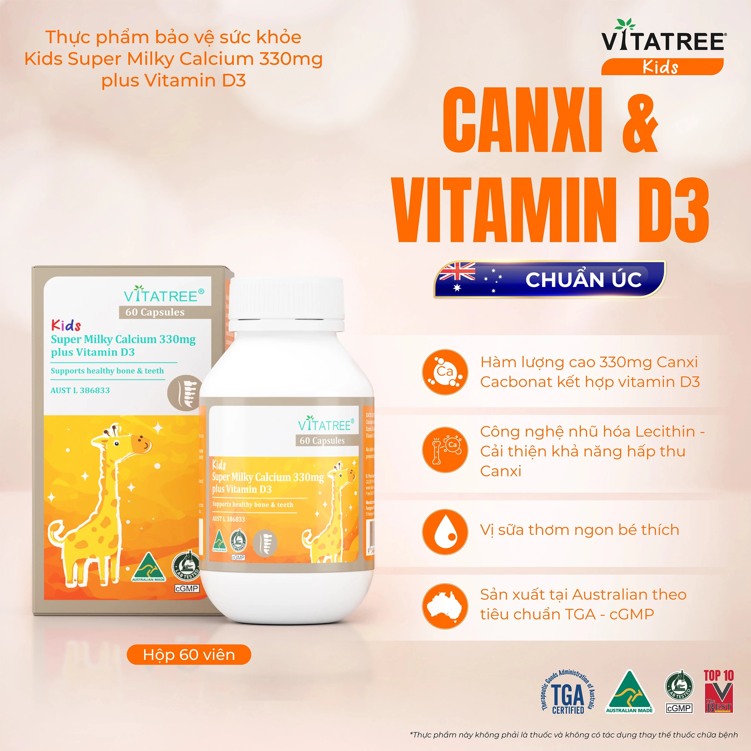 Viên uống bổ sung canxi, Vitamin D3, giúp xương răng chắc khoẻ Vitatree Kids Super Milky Calcium 330mg plus Vitamin D3 (Hộp 60 viên) 2