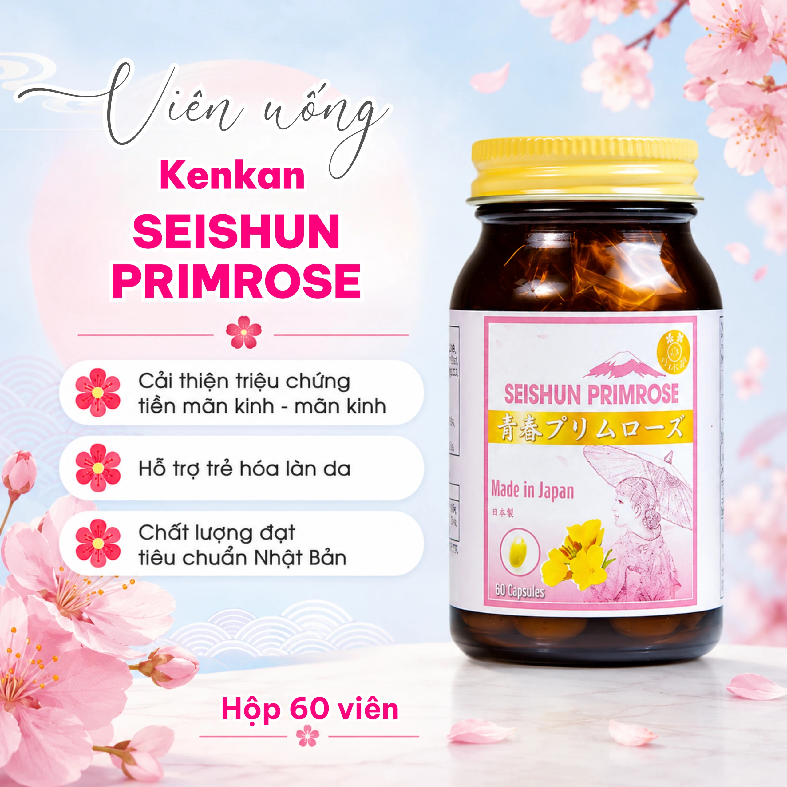 Viên uống cải thiện các triệu chứng của phụ nữ tiền mãn kinh, bổ sung dầu hoa anh thảo Seishun Primrose Kenkan (60 viên) 2