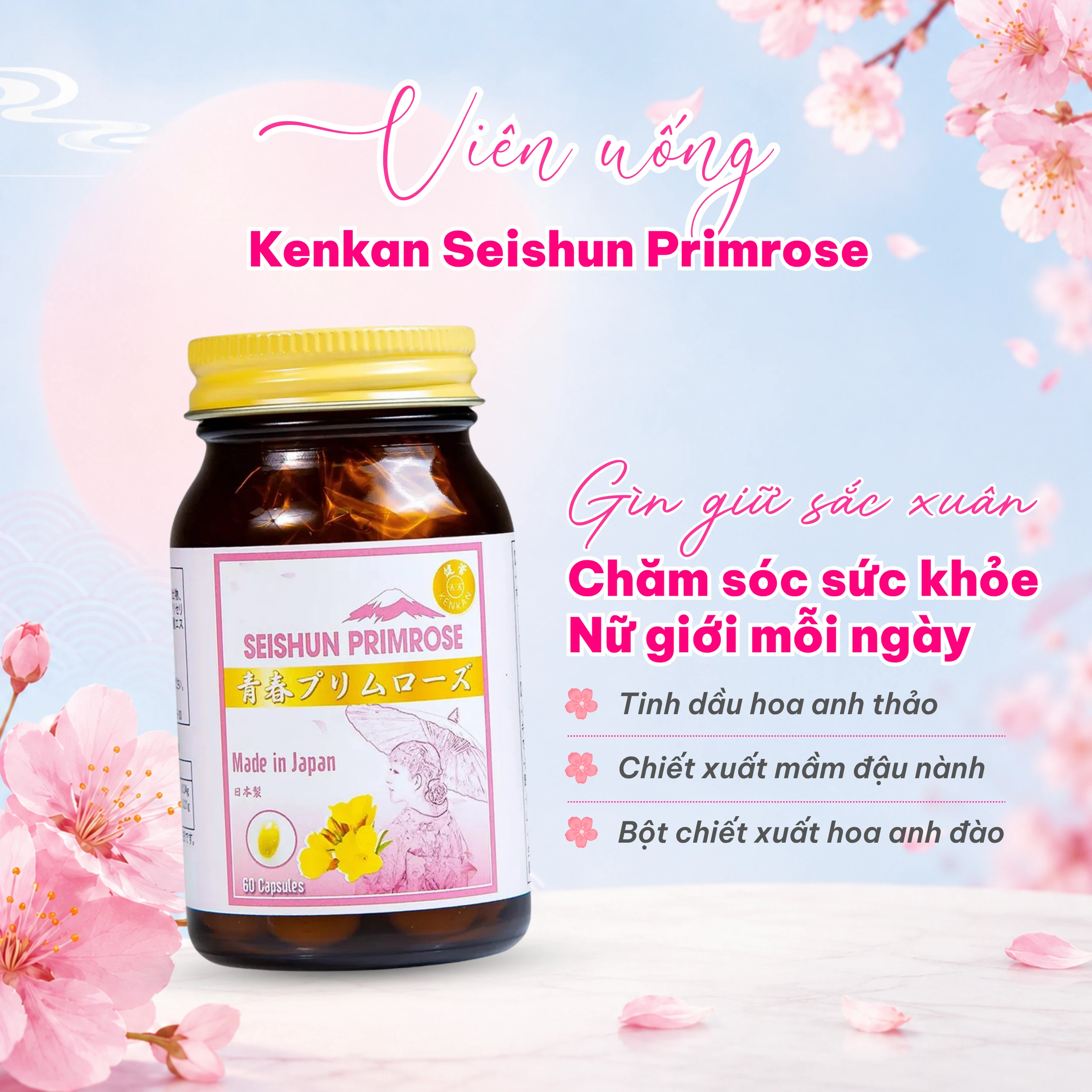 Viên uống cải thiện các triệu chứng của phụ nữ tiền mãn kinh, bổ sung dầu hoa anh thảo Seishun Primrose Kenkan (60 viên) 3