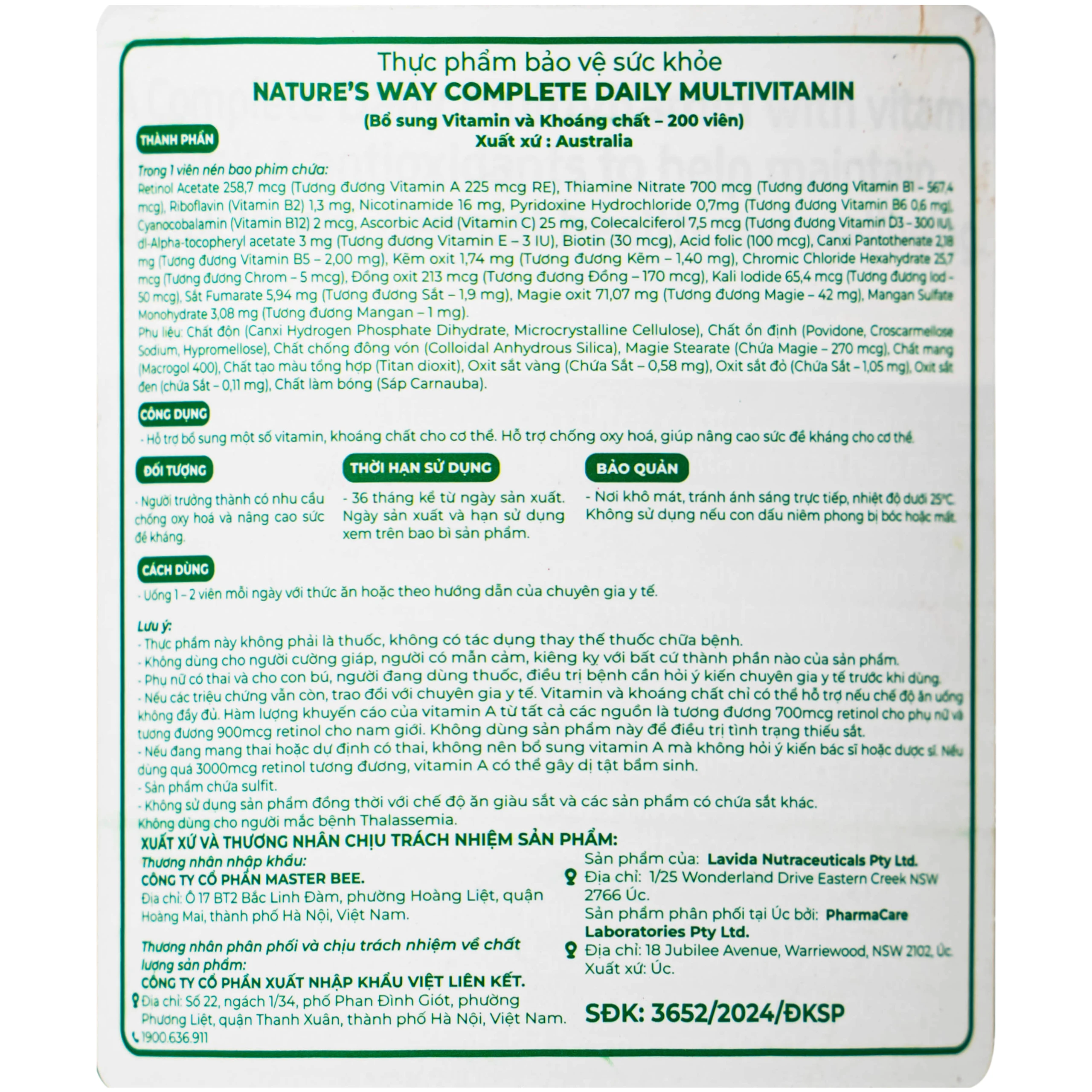 Viên uống bổ sung Vitamin và khoáng chất, giúp tăng đề kháng Nature's Way Complete Daily Multivitamin(Hộp 200 viên)