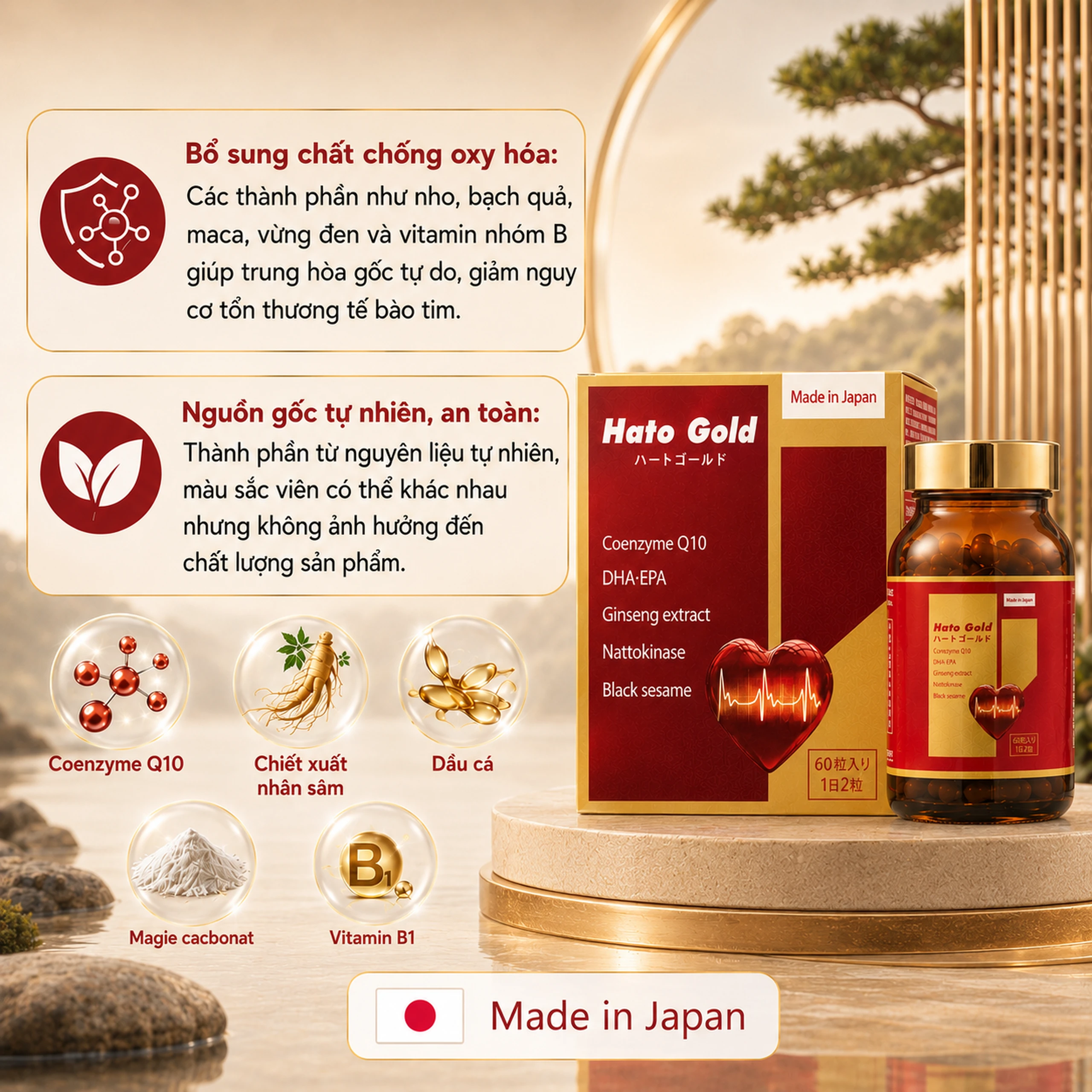 Viên uống hỗ trợ tim mạch, bổ sung các chất chống oxi hóa cho cơ thể Hato Gold Jpanwell (60 viên) 3