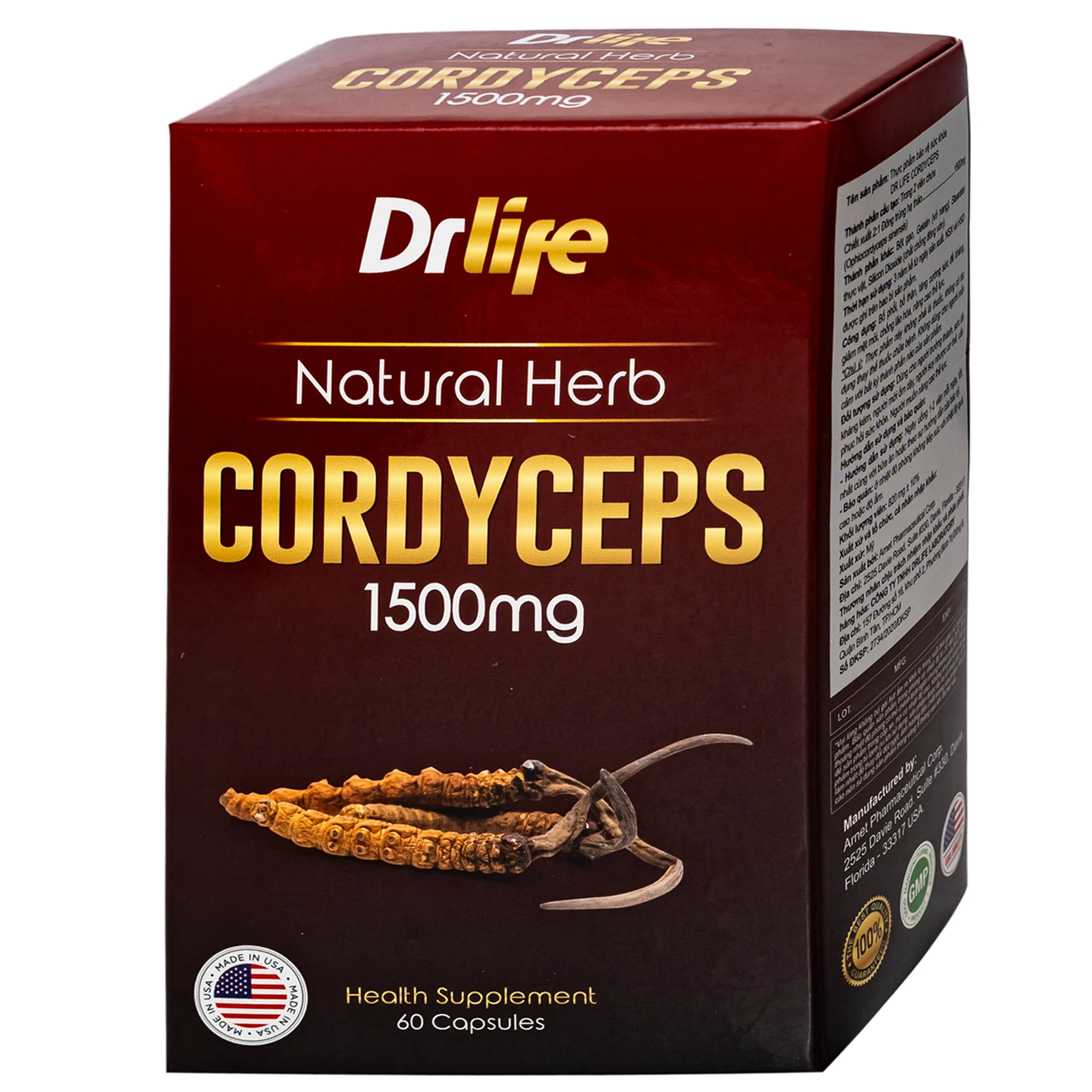 Viên uống Đông Trùng Hạ Thảo tăng cường sức đề kháng, giảm mệt mỏi DrLife Cordyceps 1500mg (60 viên)
