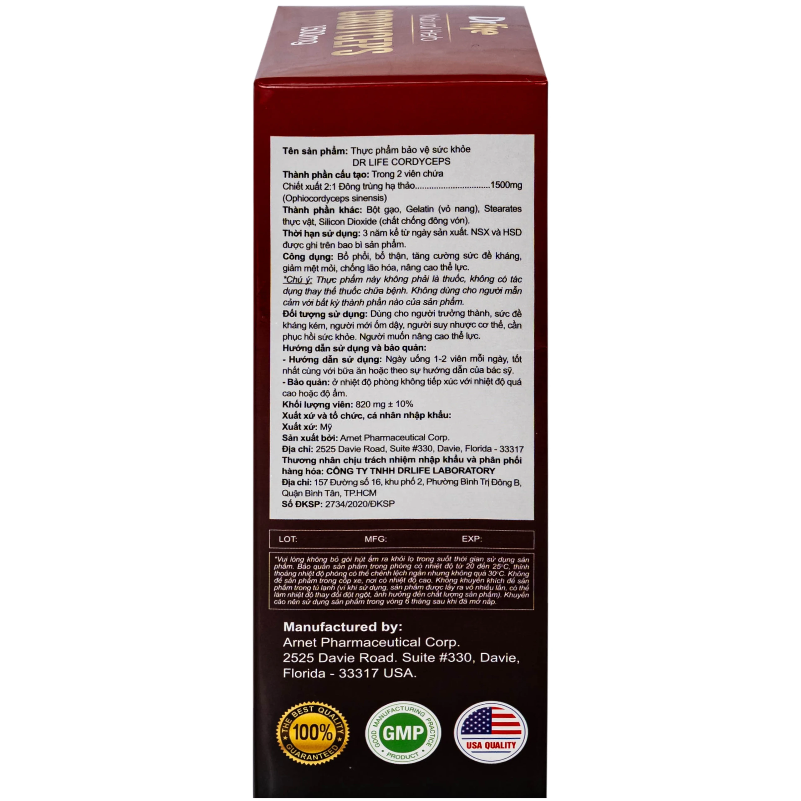Viên uống Đông Trùng Hạ Thảo tăng cường sức đề kháng, giảm mệt mỏi DrLife Cordyceps 1500mg (60 viên)