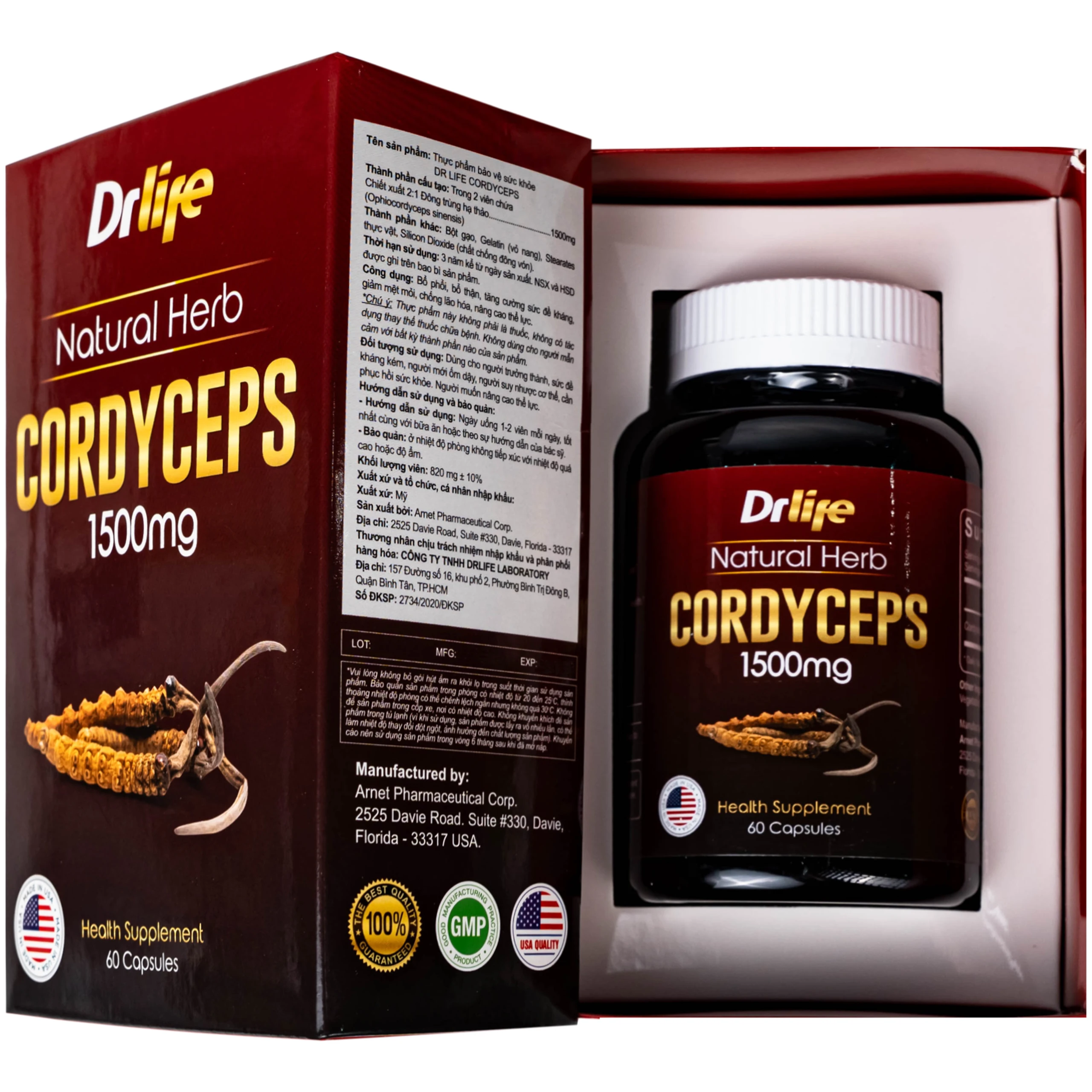 Viên uống Đông Trùng Hạ Thảo tăng cường sức đề kháng, giảm mệt mỏi DrLife Cordyceps 1500mg (60 viên)