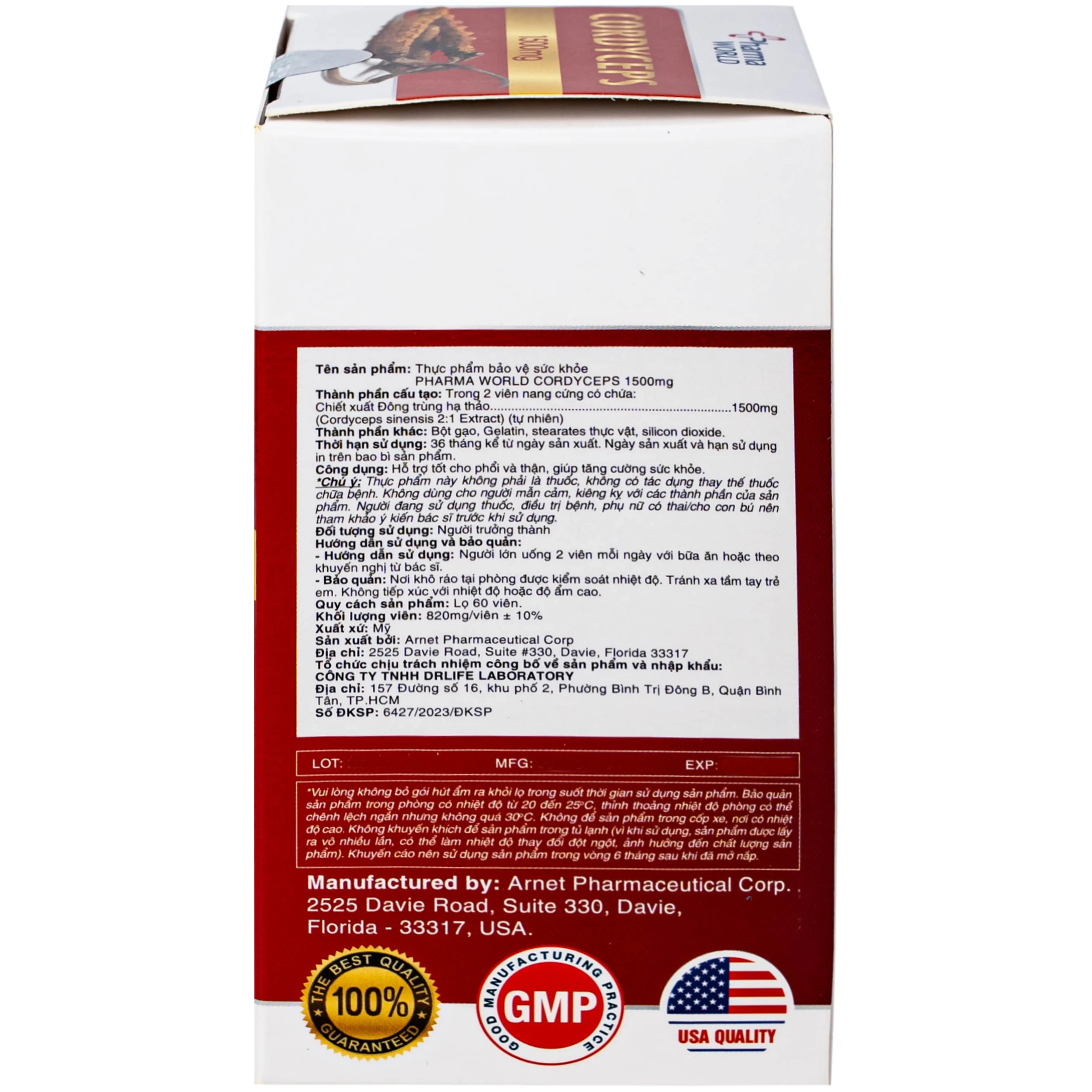 Viên uống Đông Trùng Hạ Thảo giúp tăng cường sức khỏe Cordyceps 1500mg Pharma World (60 viên)