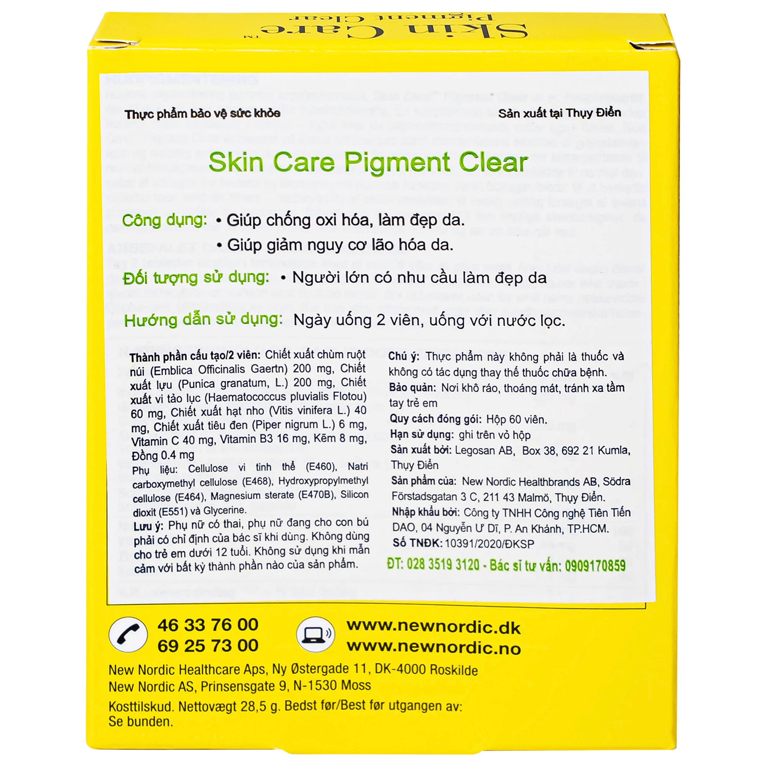 Viên uống giúp làm đẹp da, chống oxi hóa và giảm lão hóa da Skin Care Pigment Clear New Nordic (2 vỉ x 30 viên)