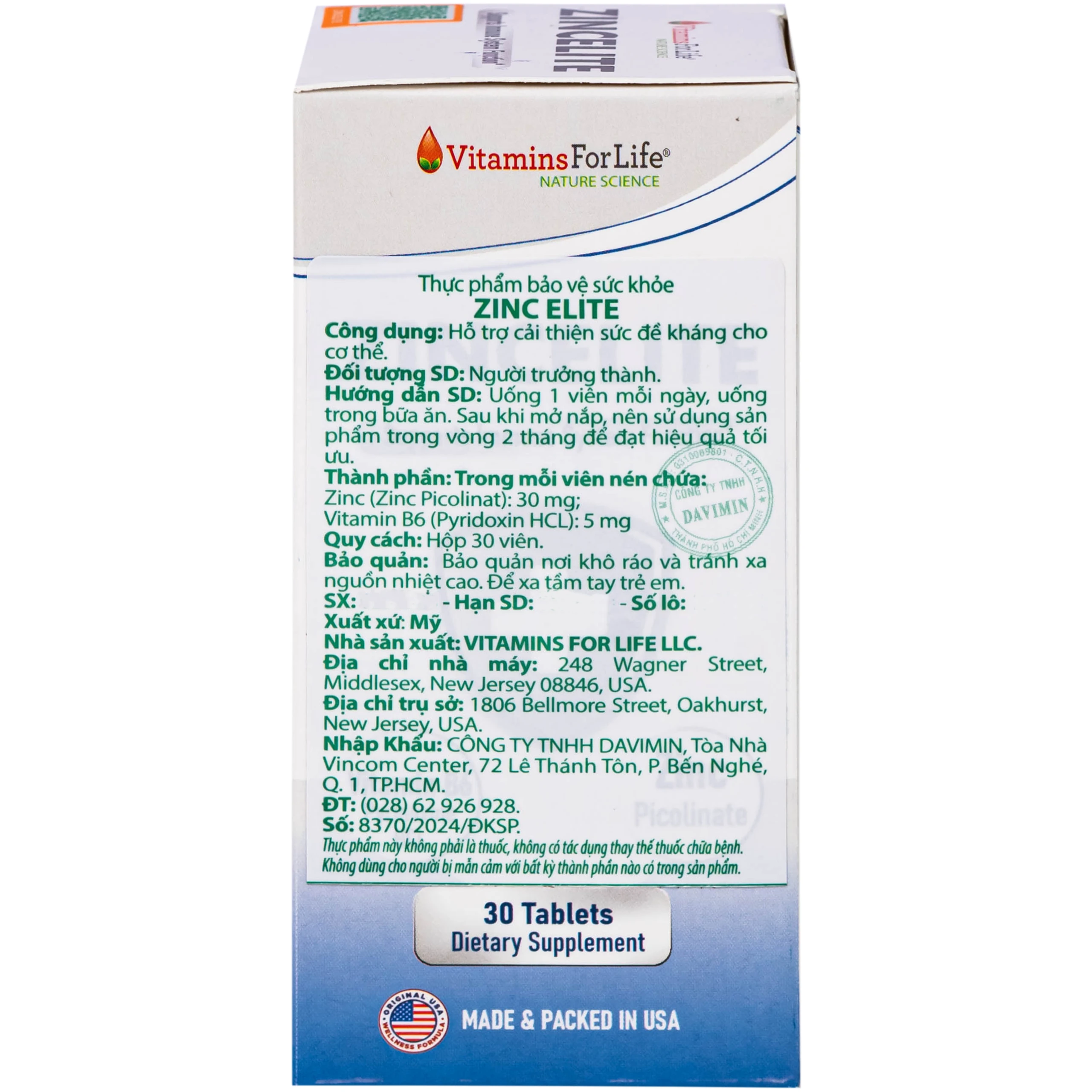 Viên uống hỗ trợ cải thiện sức đề kháng cho cơ thể ZINCELITE Vitamins For Life (Hộp 30 viên) 3