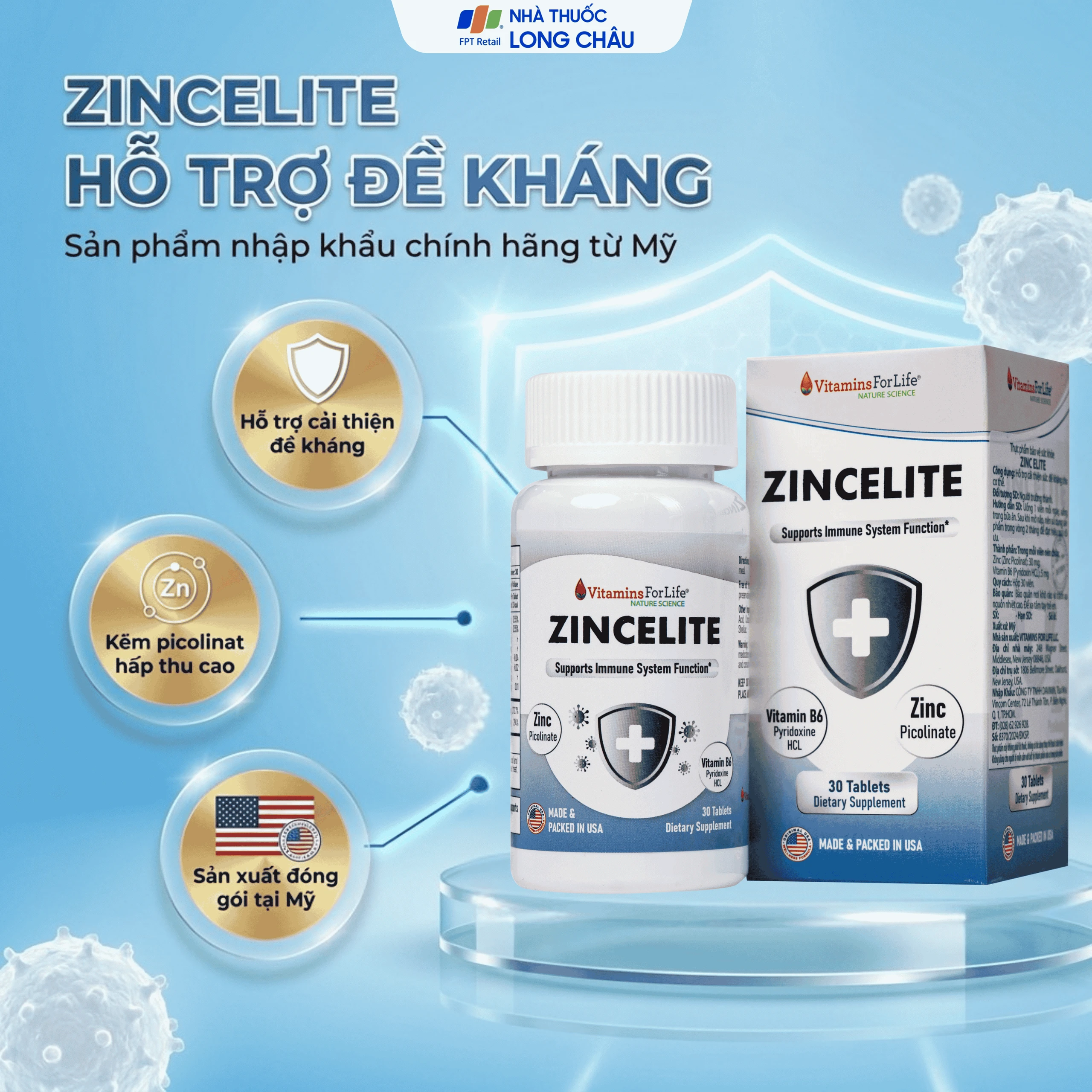 Viên uống hỗ trợ cải thiện sức đề kháng cho cơ thể ZINCELITE Vitamins For Life (Hộp 30 viên) 2