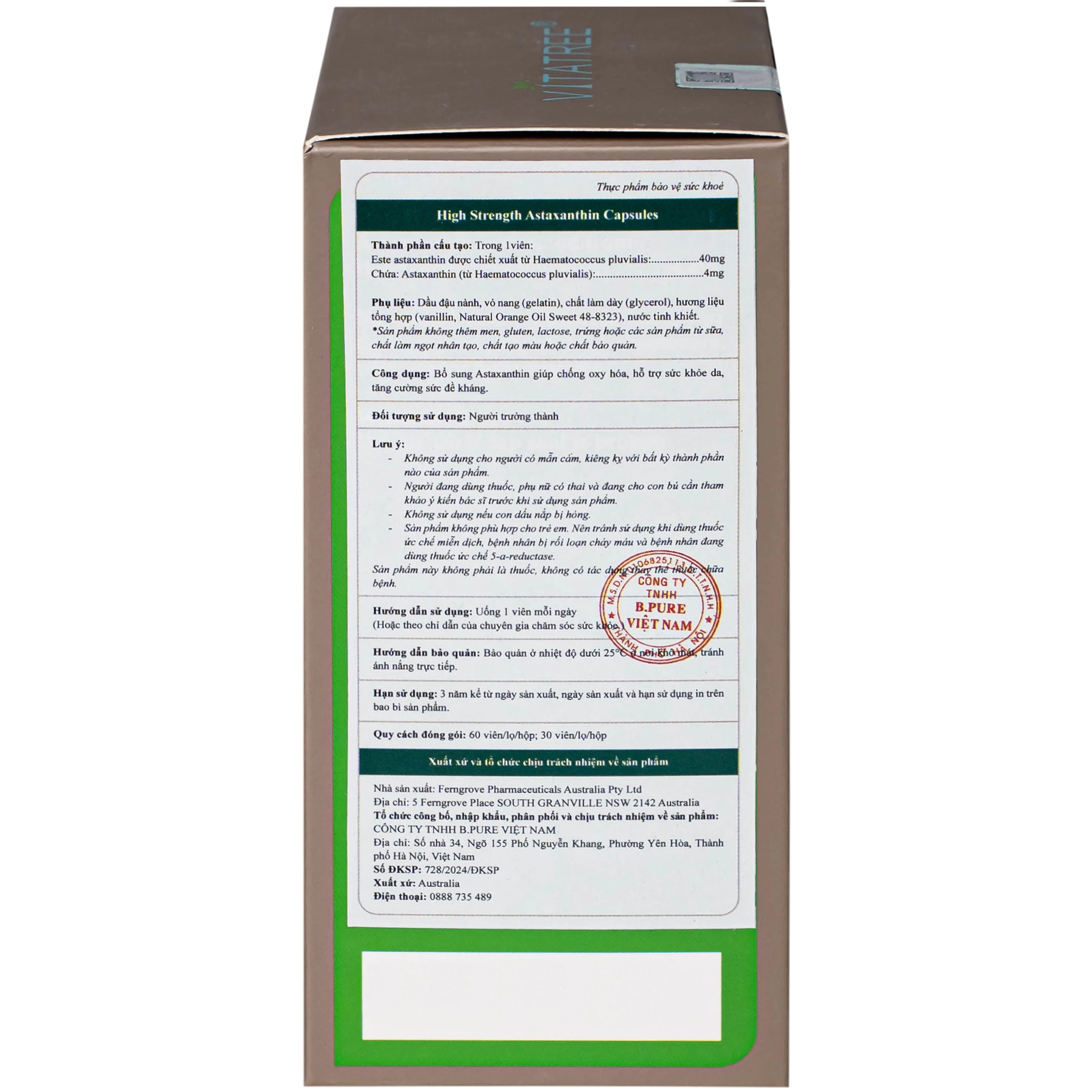 Viên uống hỗ trợ chống oxy hoá, hỗ trợ sức khoẻ da, tăng cường sức đề kháng Vitatree High Strength Astaxanthin (Hộp 60 viên) 4