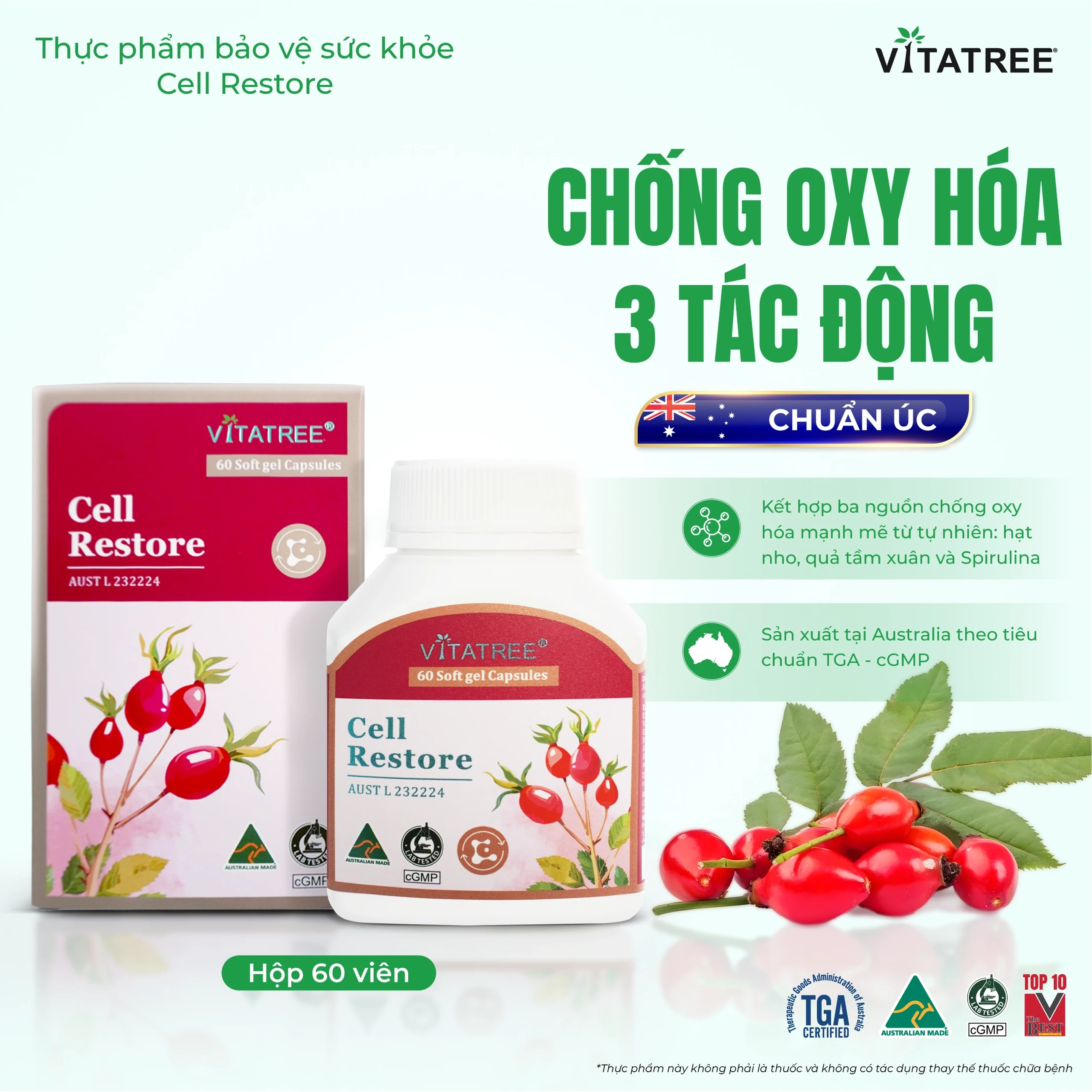 Viên uống hỗ trợ chống oxy hoá, hỗ trợ duy trì sức khoẻ, tốt cho mắt Vitatree Cell Restore (Hộp 60 viên) 2