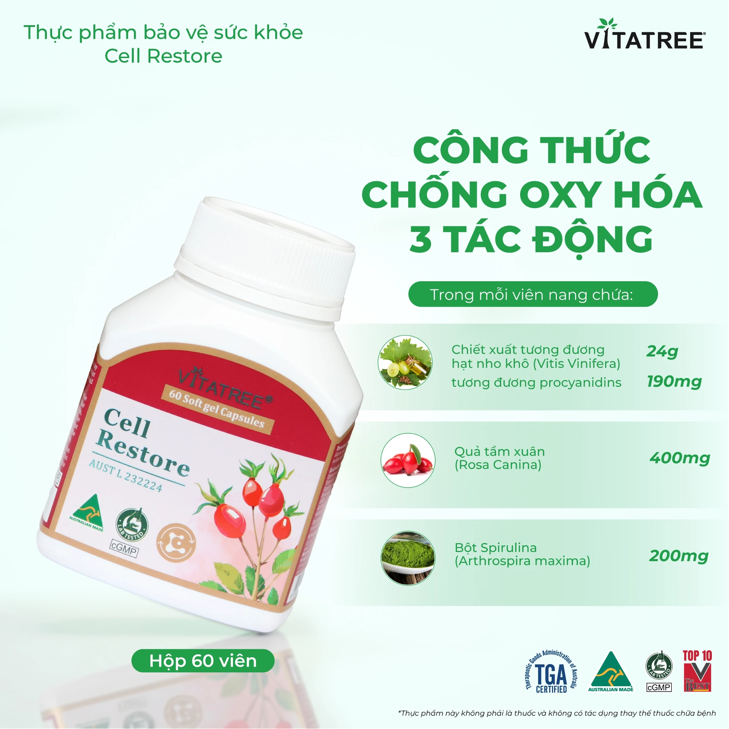 Viên uống hỗ trợ chống oxy hoá, hỗ trợ duy trì sức khoẻ, tốt cho mắt Vitatree Cell Restore (Hộp 60 viên) 3