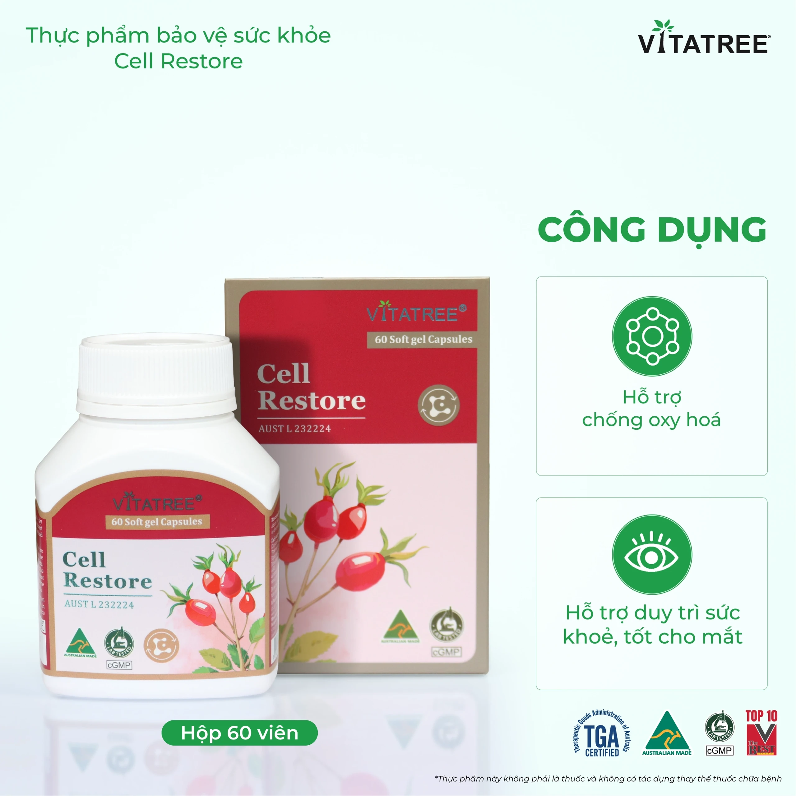 Viên uống hỗ trợ chống oxy hoá, hỗ trợ duy trì sức khoẻ, tốt cho mắt Vitatree Cell Restore (Hộp 60 viên) 4