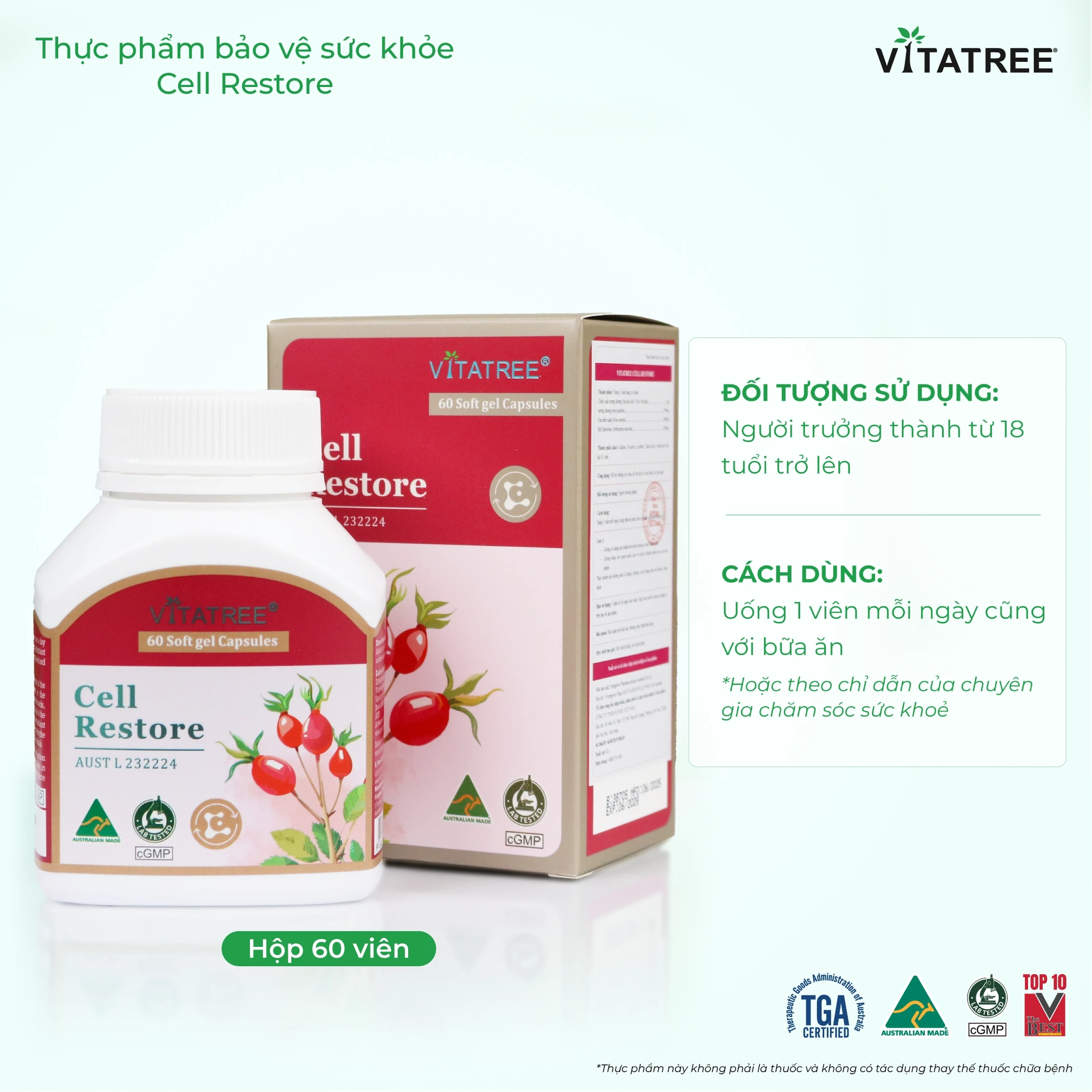 Viên uống hỗ trợ chống oxy hoá, hỗ trợ duy trì sức khoẻ, tốt cho mắt Vitatree Cell Restore (Hộp 60 viên) 5