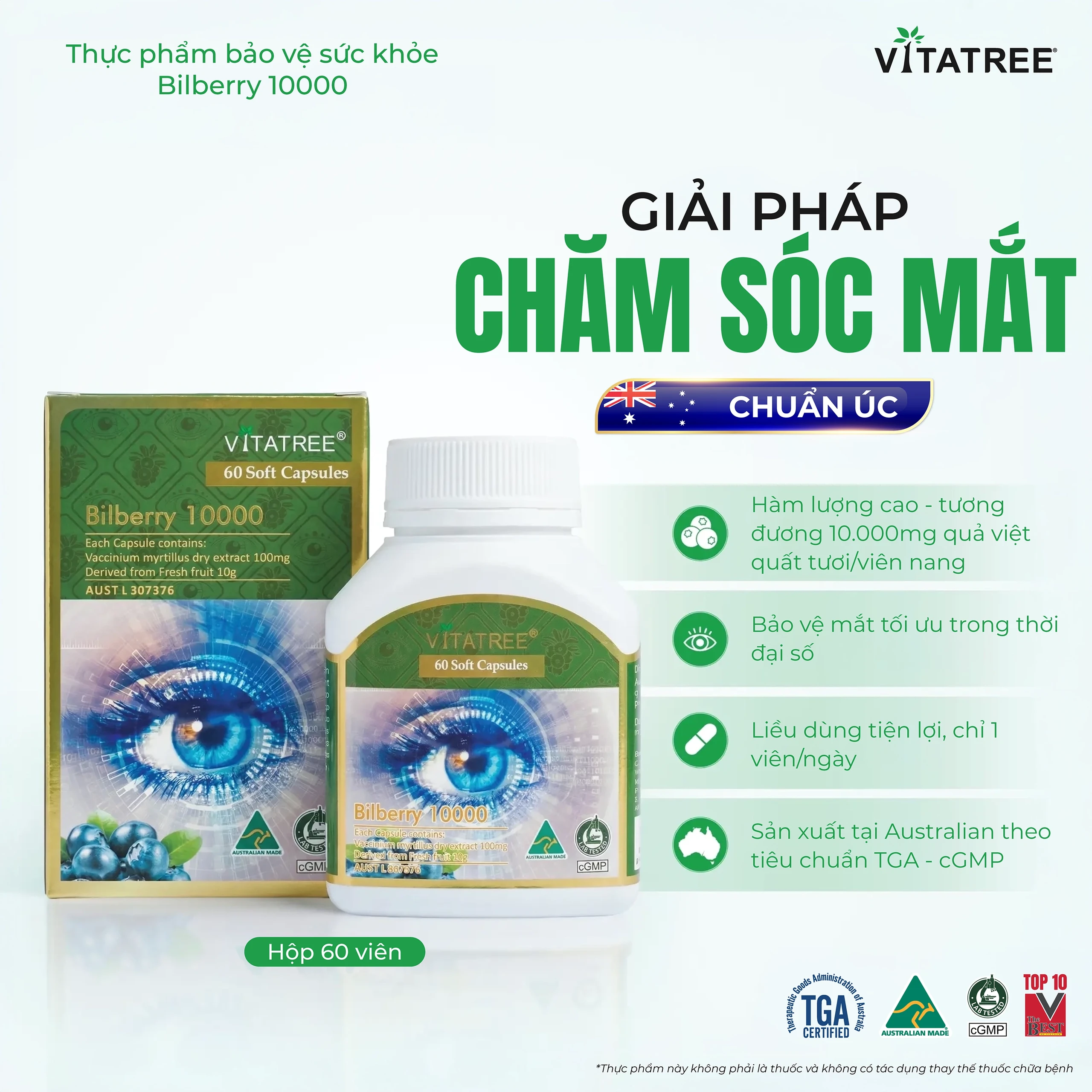 Viên uống hỗ trợ duy trì sức khoẻ của mắt và tăng cường thị lực Vitatree Bilberry 10000 (Hộp 60 viên) 2
