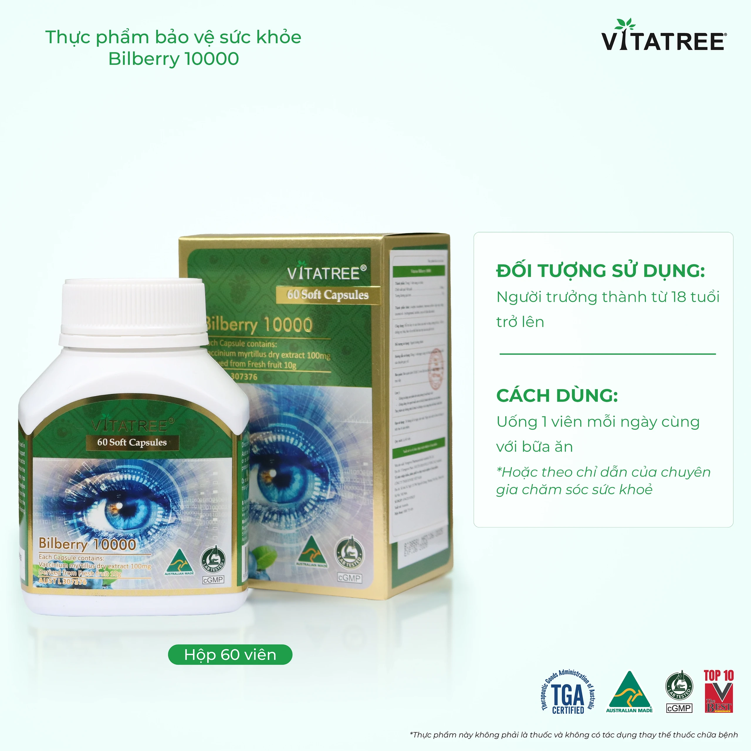 Viên uống hỗ trợ duy trì sức khoẻ của mắt và tăng cường thị lực Vitatree Bilberry 10000 (Hộp 60 viên) 5