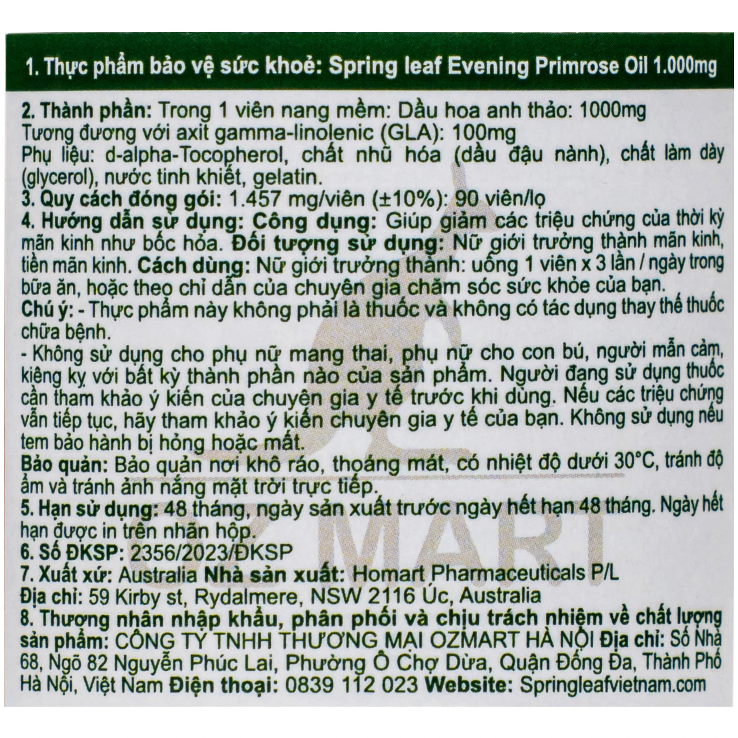 Viên uống hỗ trợ giảm các triệu chứng của thời kỳ tiền mãn kinh như bốc hỏa Spring Leaf Evening Primrose Oil 1000mg (Lọ 90 viên) 2