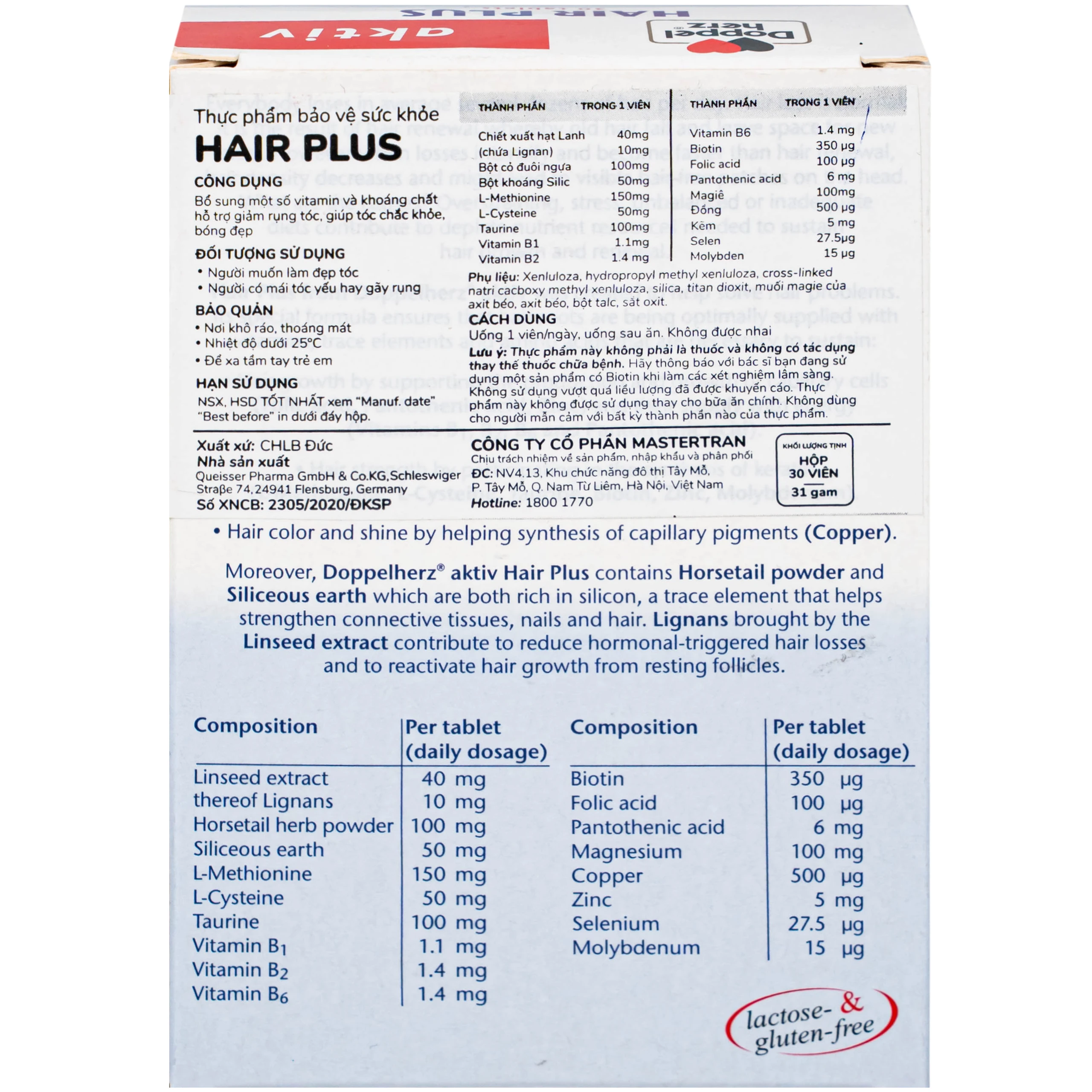 Viên uống hỗ trợ giảm rụng tóc, giúp tóc chắc khoẻ Doppelherz Aktiv Hair Plus (2 vỉ x 15 viên)