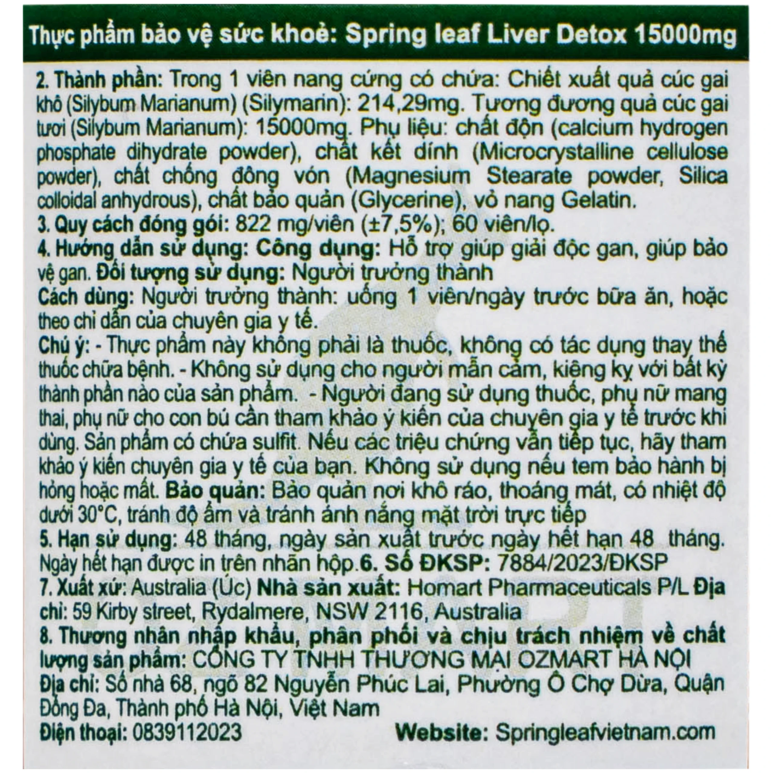 Viên uống hỗ trợ giúp giải độc gan, bảo vệ gan Spring Leaf Liver Detox 15000mg (Lọ 60 viên) 5