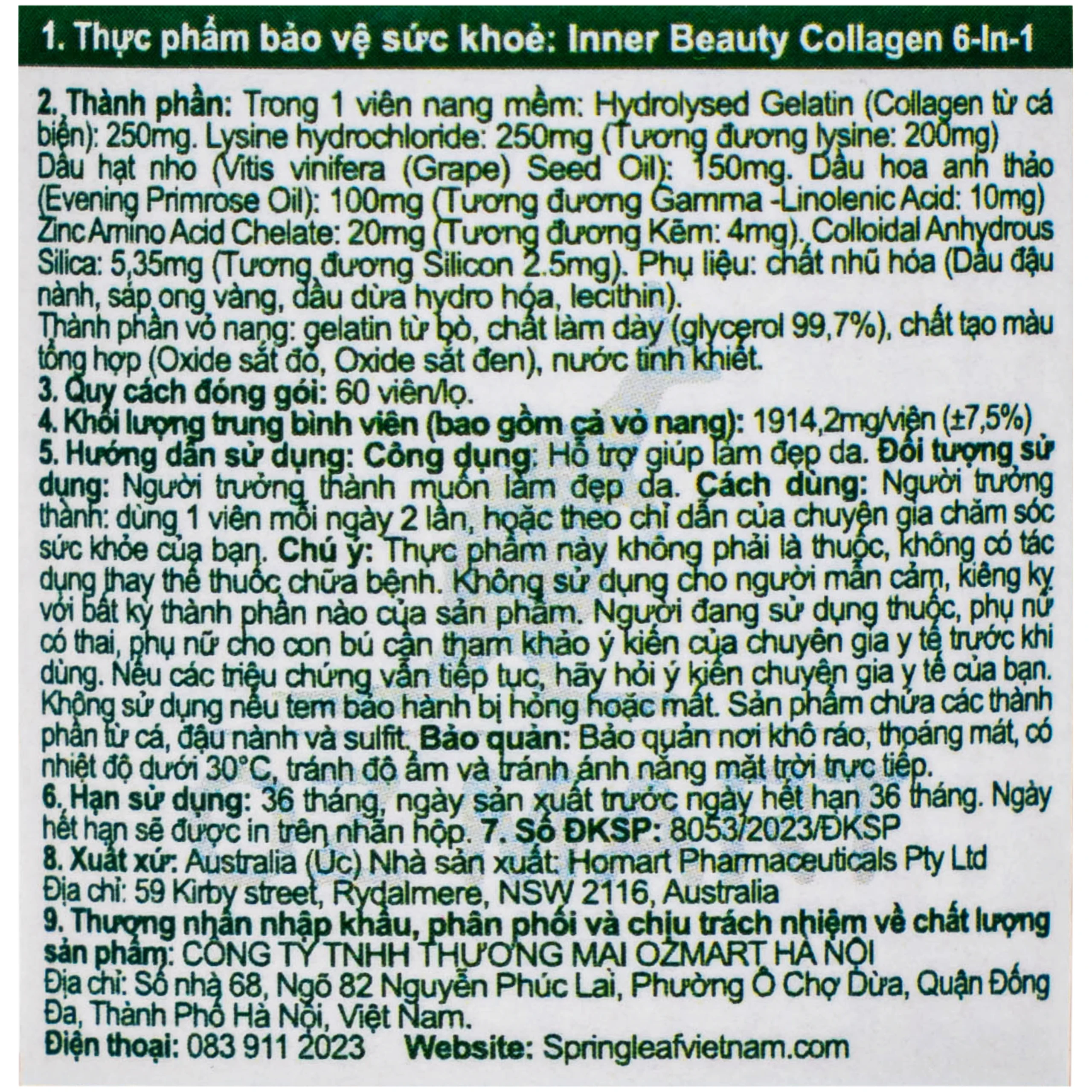 Viên uống hỗ trợ làm đẹp da Spring Leaf Inner Beauty Collagen 6-in-1 (Lọ 60 viên) 2