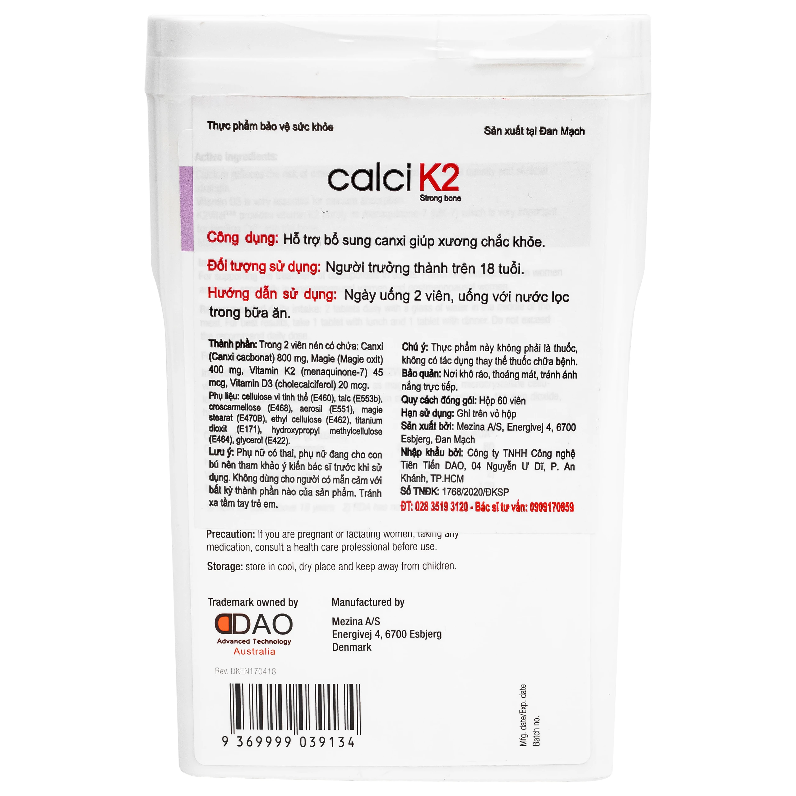 Viên uống hỗ trợ phòng chống loãng xương, bổ sung canxi giúp xương chắc khỏe Calci K2 Dao Nordic Health (60 viên)