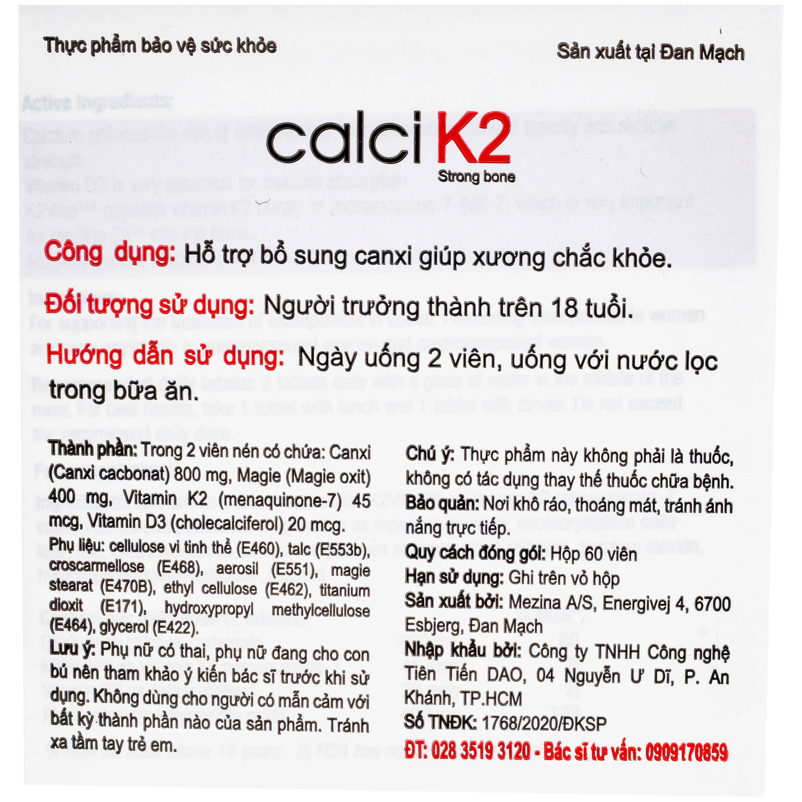 Viên uống hỗ trợ phòng chống loãng xương, bổ sung canxi giúp xương chắc khỏe Calci K2 Dao Nordic Health (60 viên)
