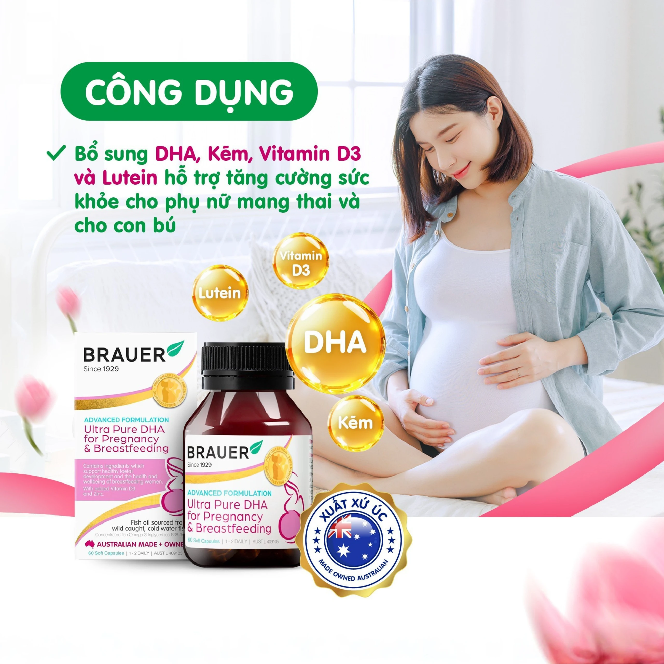 Viên uống hỗ trợ tăng cường sức khoẻ phụ nữ mang thai và cho con bú Brauer Ultra Pure DHA For Pregnancy & Breastfeeding (60 viên)
