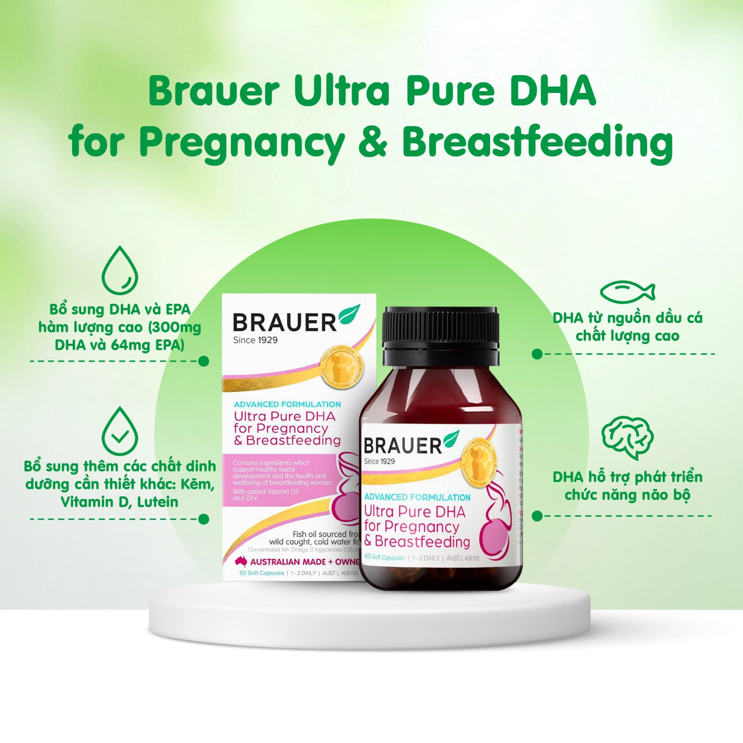 Viên uống hỗ trợ tăng cường sức khoẻ phụ nữ mang thai và cho con bú Brauer Ultra Pure DHA For Pregnancy & Breastfeeding (60 viên)