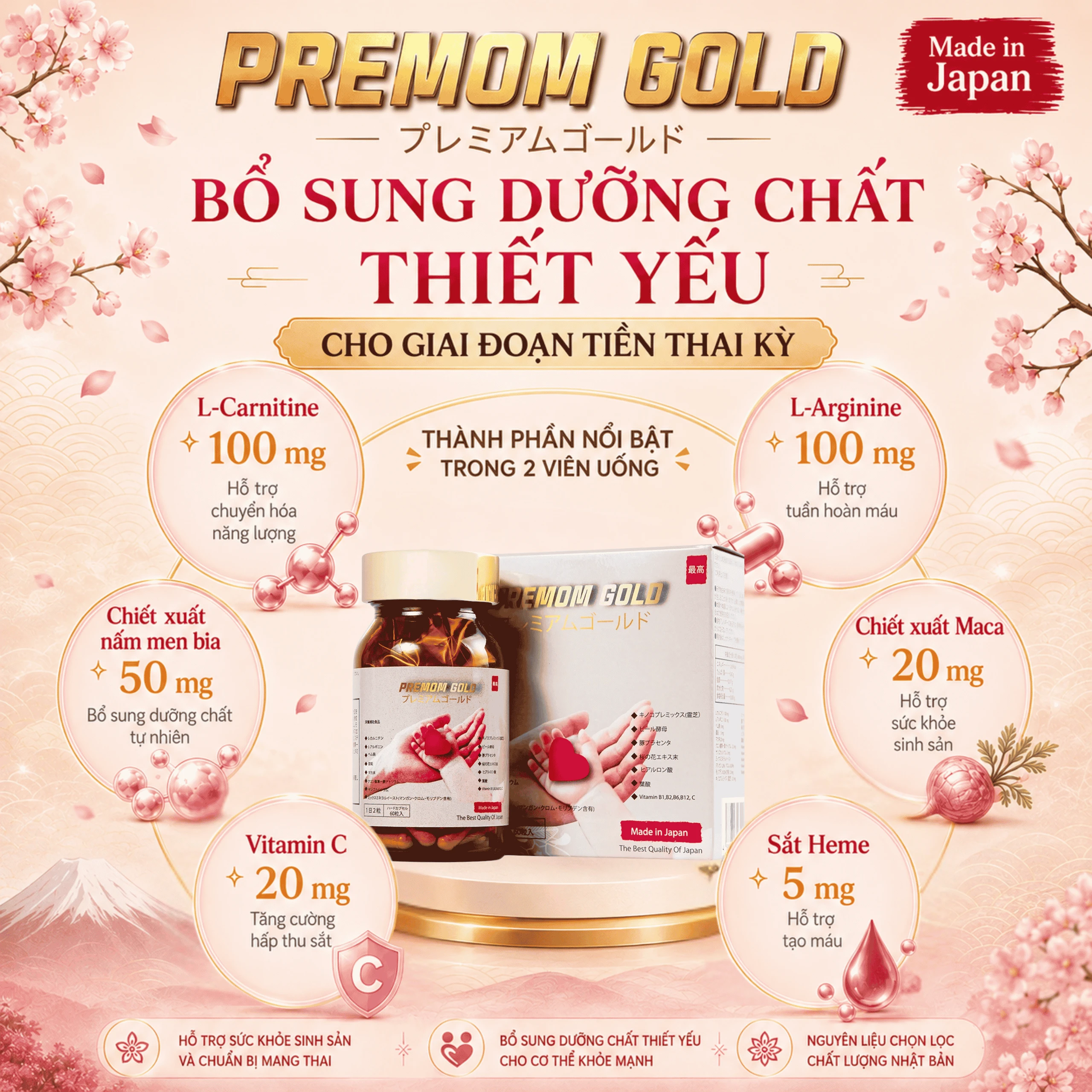 Viên uống cung cấp vitamin và khoáng chất cho phụ nữ chuẩn bị mang thai Premom Gold Jpanwell (60 viên) 2