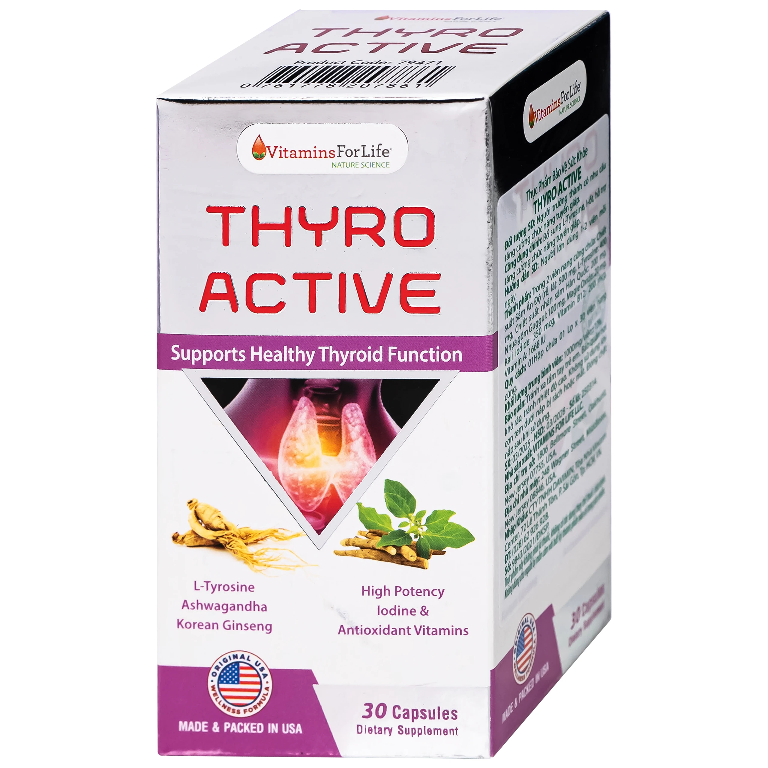 Viên uống bổ sung L-Tyrosine, I-ốt, hỗ trợ tăng cường chức năng tuyến giáp Thyro Active Vitamins For Life (Hộp 30 viên)