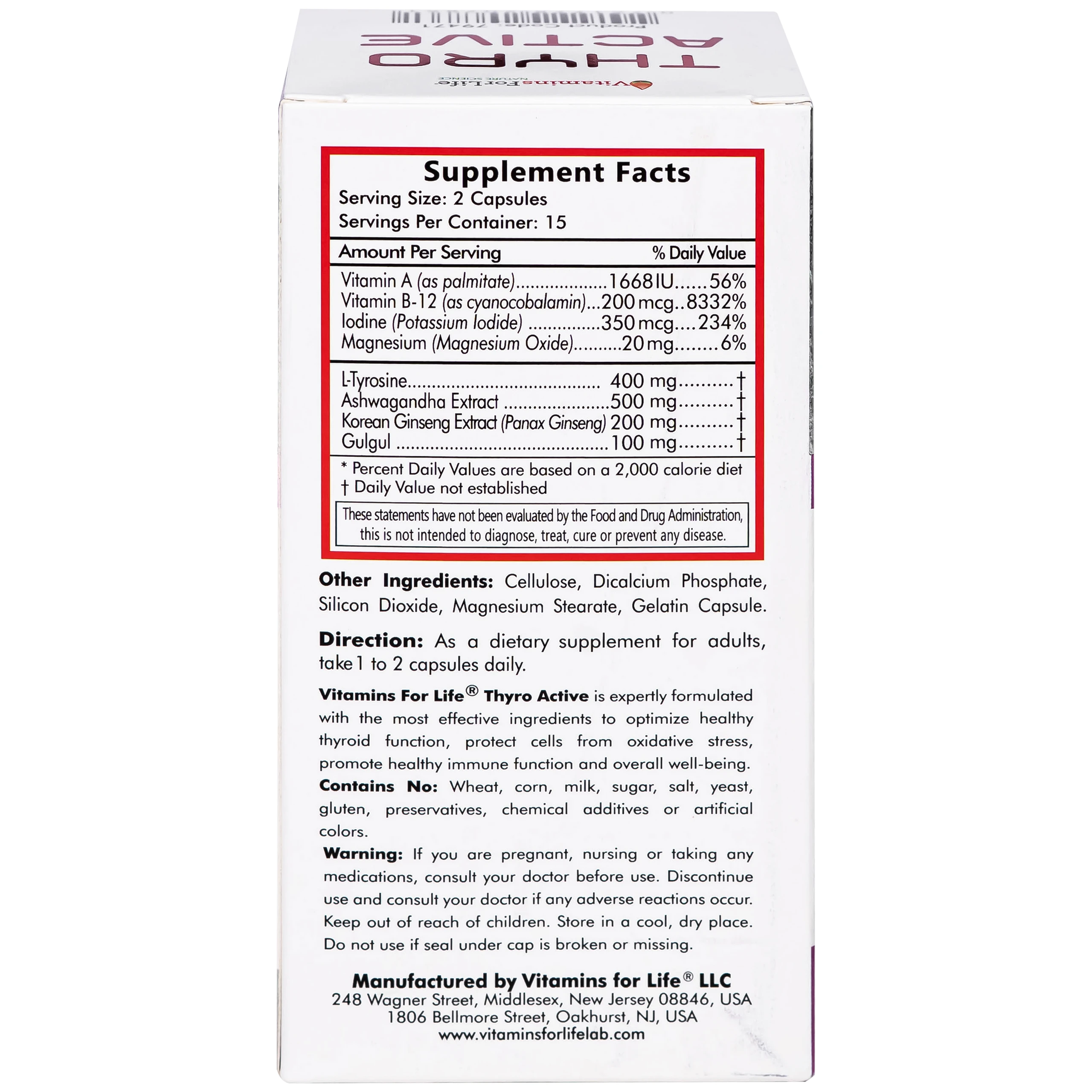 Viên uống bổ sung L-Tyrosine, I-ốt, hỗ trợ tăng cường chức năng tuyến giáp Thyro Active Vitamins For Life (Hộp 30 viên)