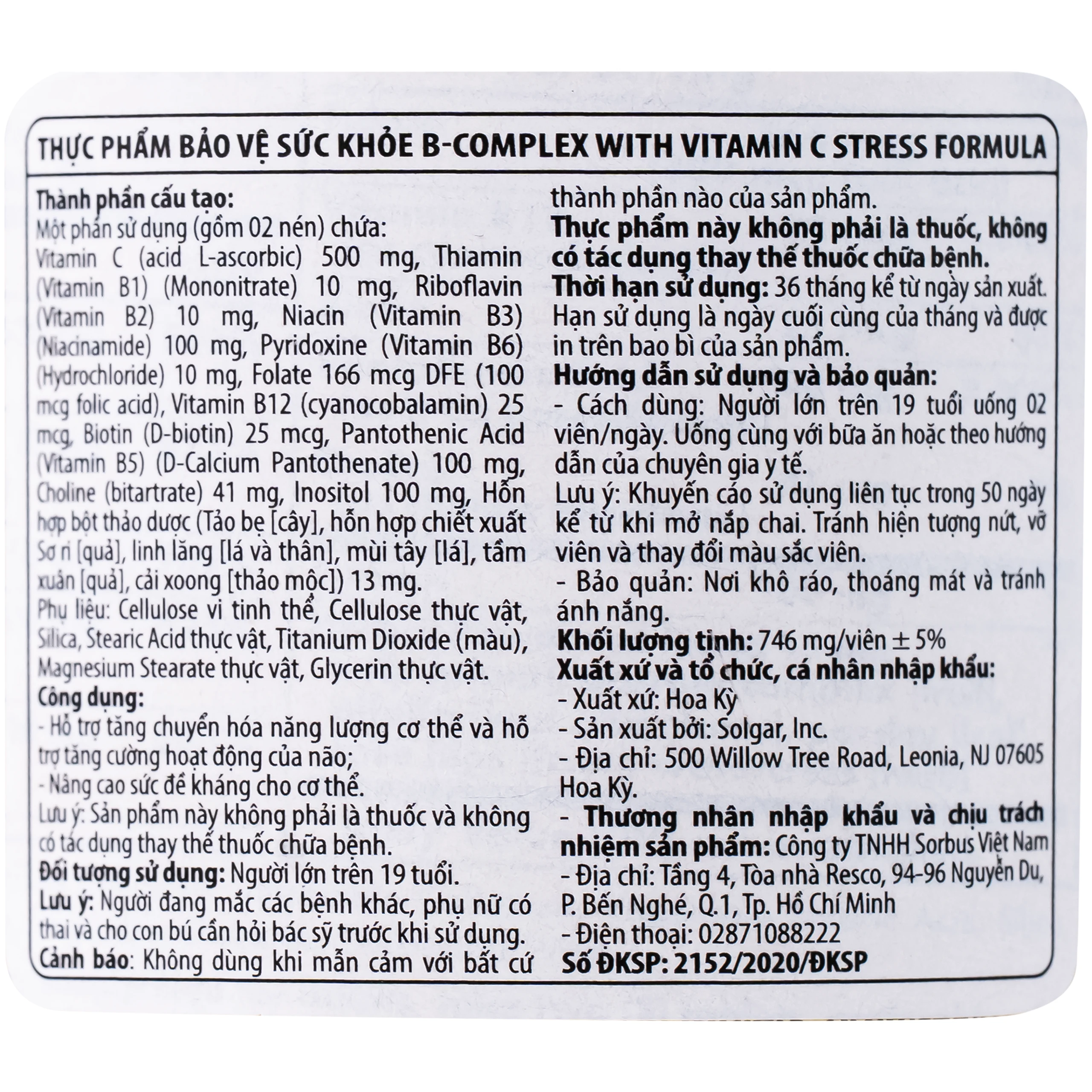 Viên uống hỗ trợ tăng cường hoạt động của não B-Complex with Vitamin C Stress Formula Solgar (100 viên) 4