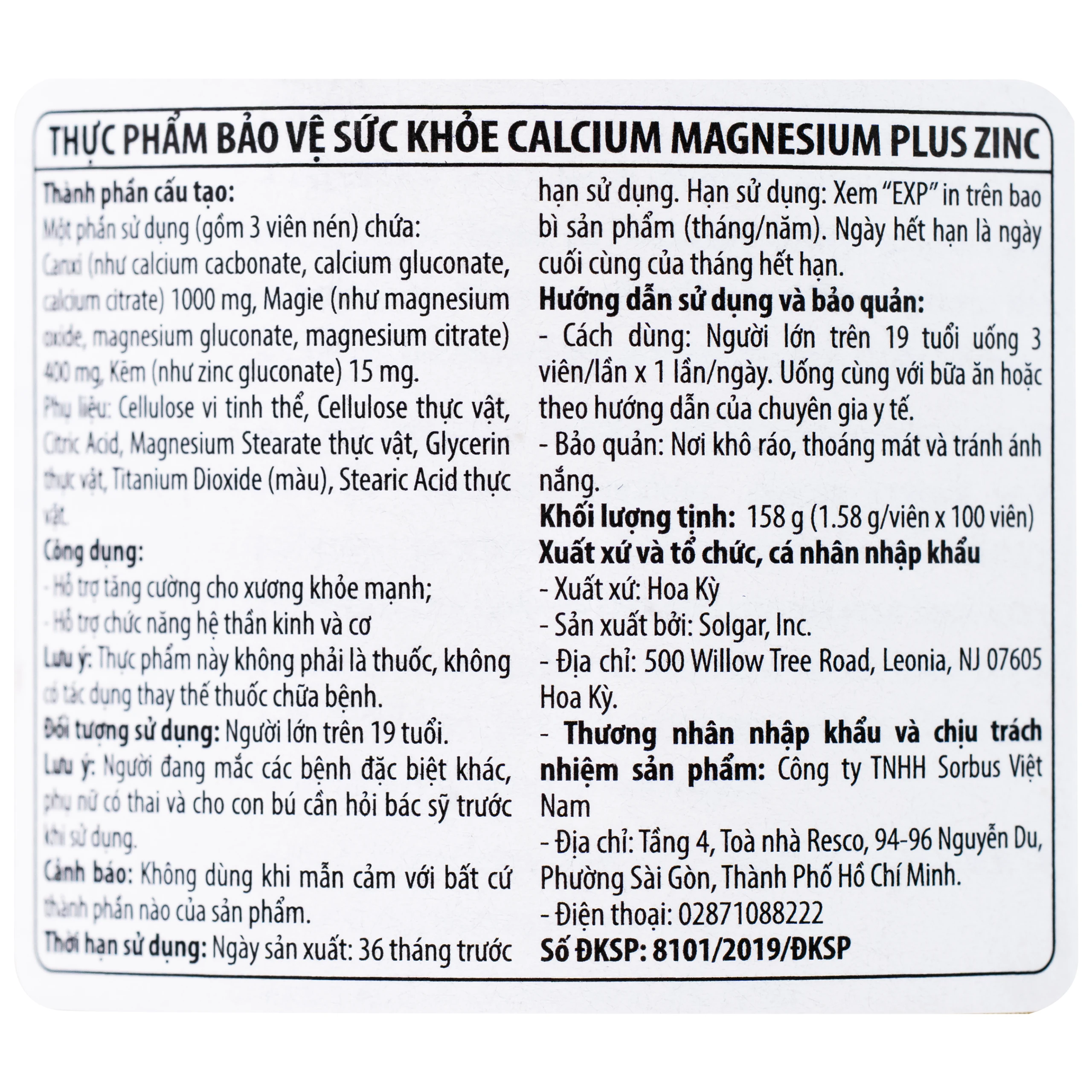 Viên uống hỗ trợ xương khỏe mạnh Calcium Magnesium Plus Zinc Solgar (100 viên) 4